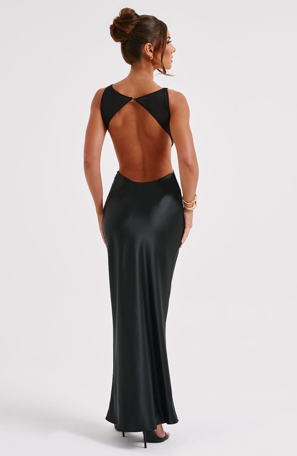 Yves Satin Maxi Dress with Cut Out Back - Black