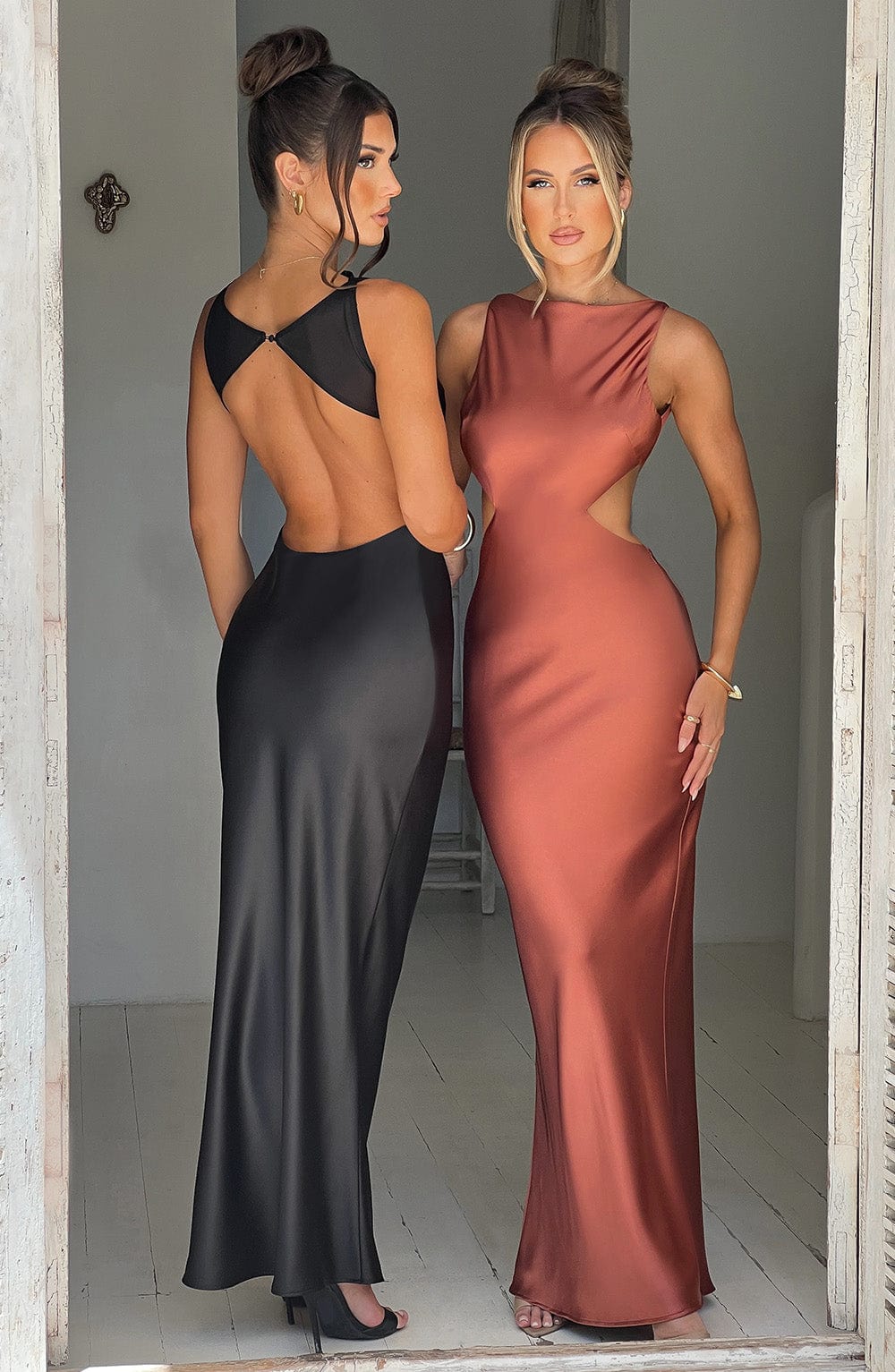 Yves Satin Maxi Dress with Cut Out Back - Black