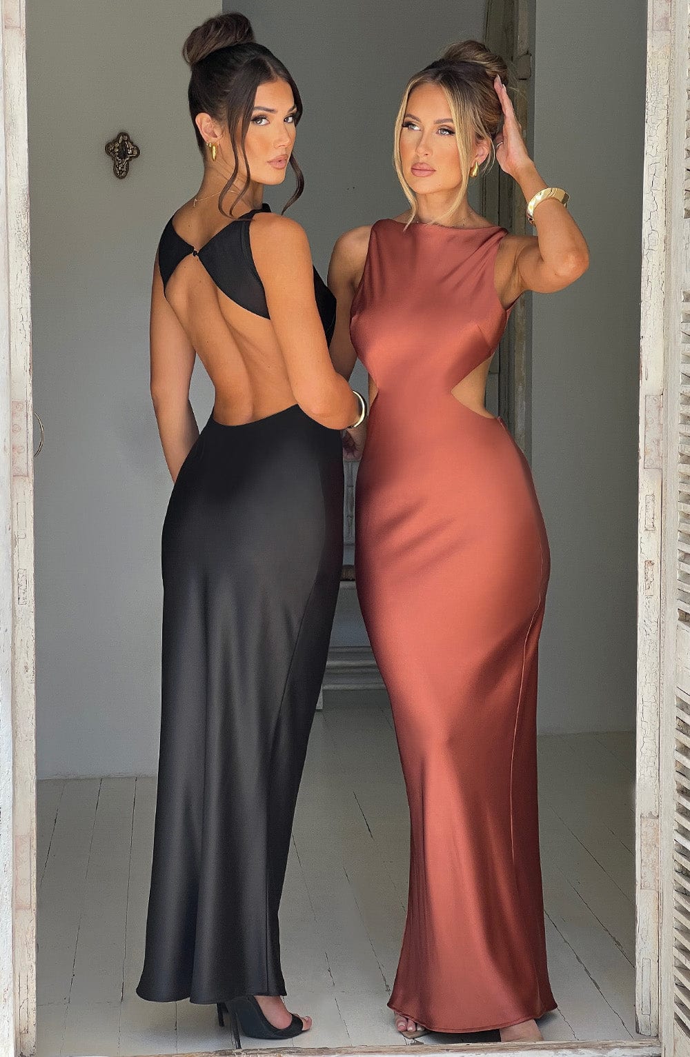 Yves Satin Maxi Dress with Cut Out Back - Black