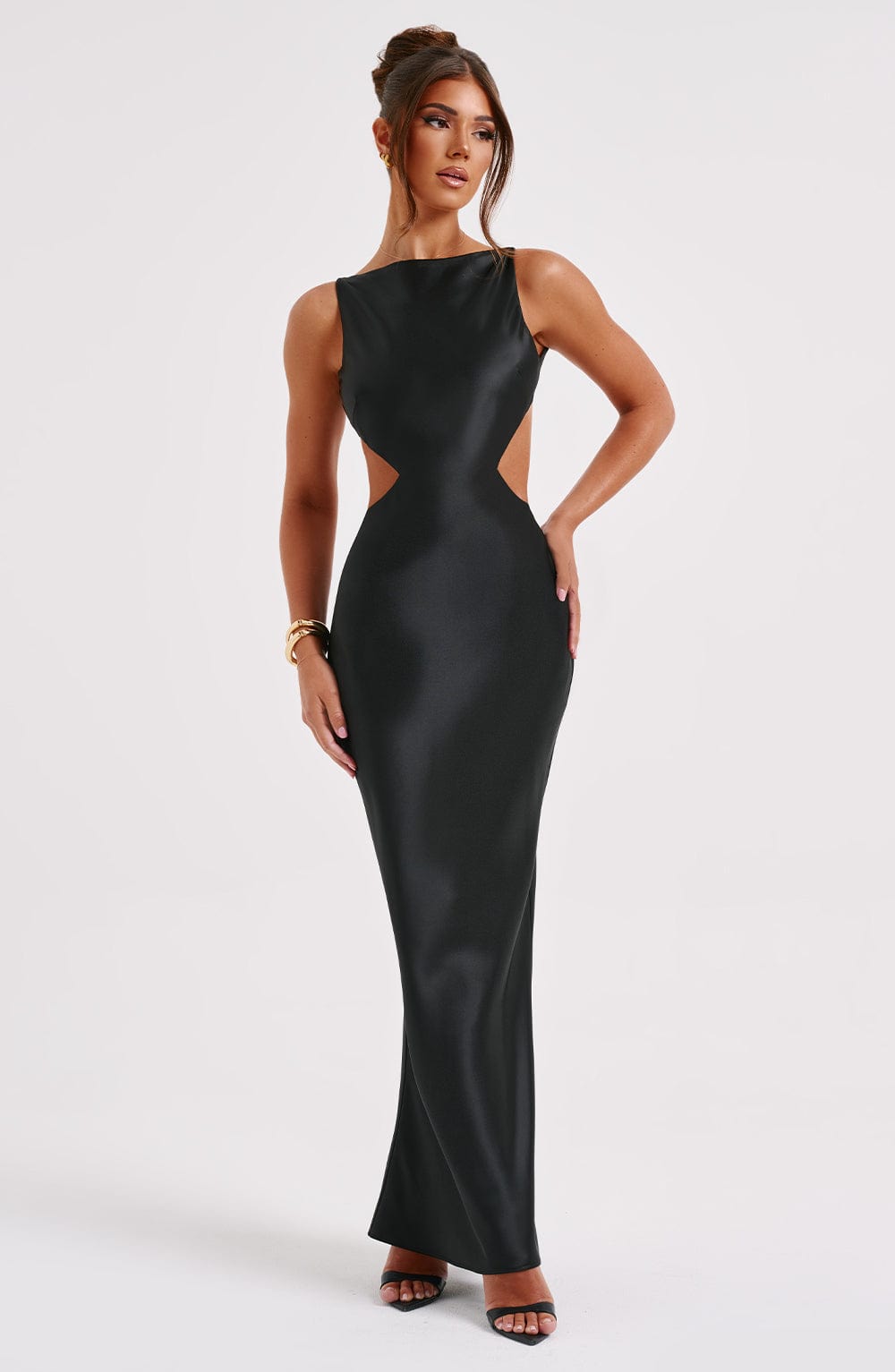 Yves Satin Maxi Dress with Cut Out Back - Black