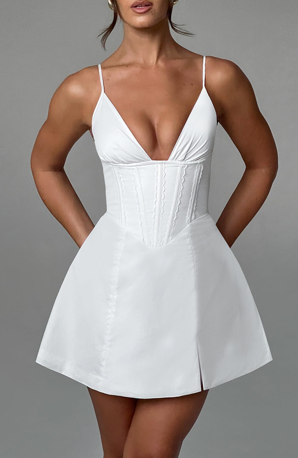 Sela Ivory Cotton Mini Dress with Lace-Up Back & A-Line Skirt