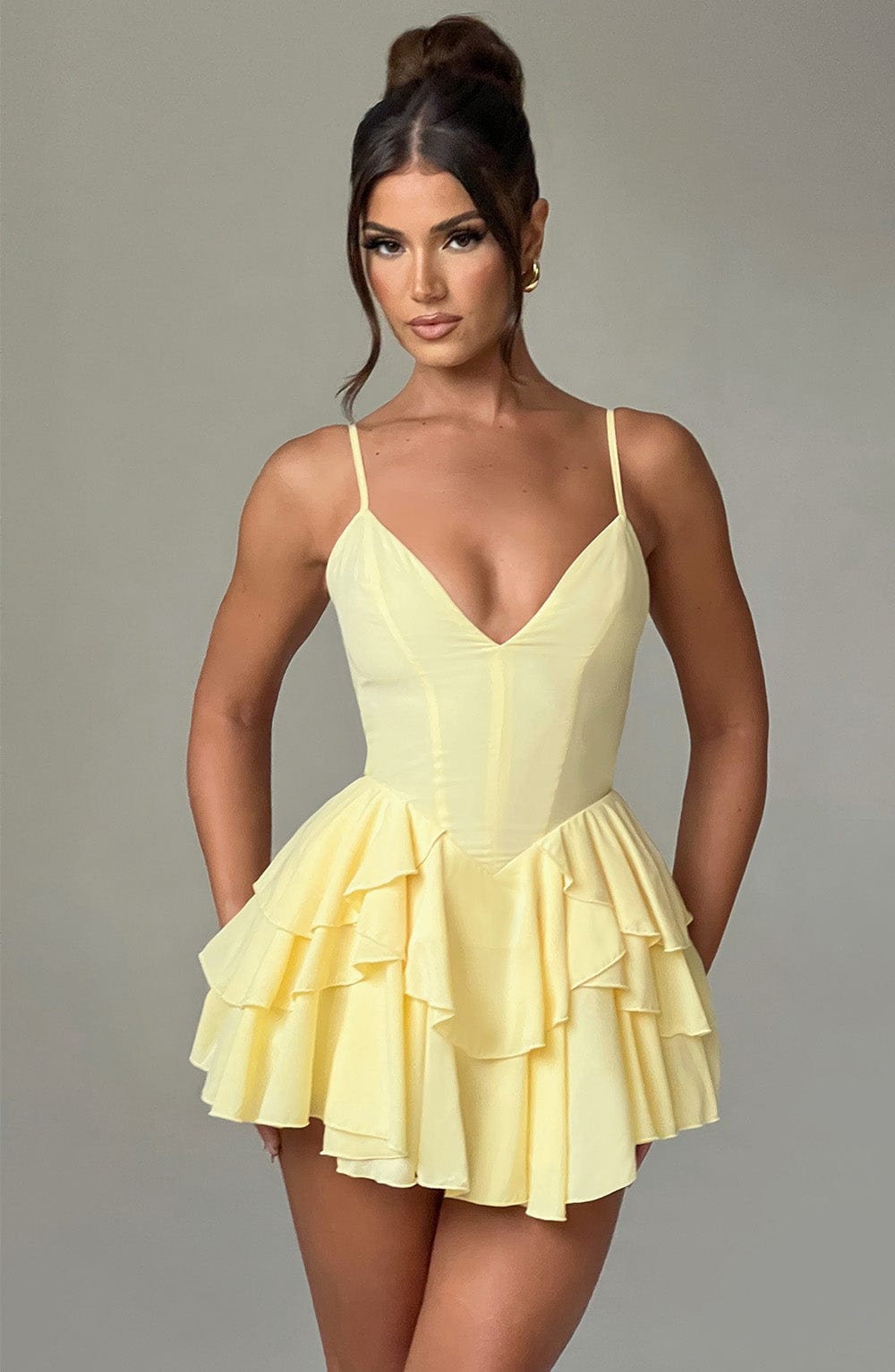 Lemon Chiffon Playsuit with Ruffle Skirt & Backless Design