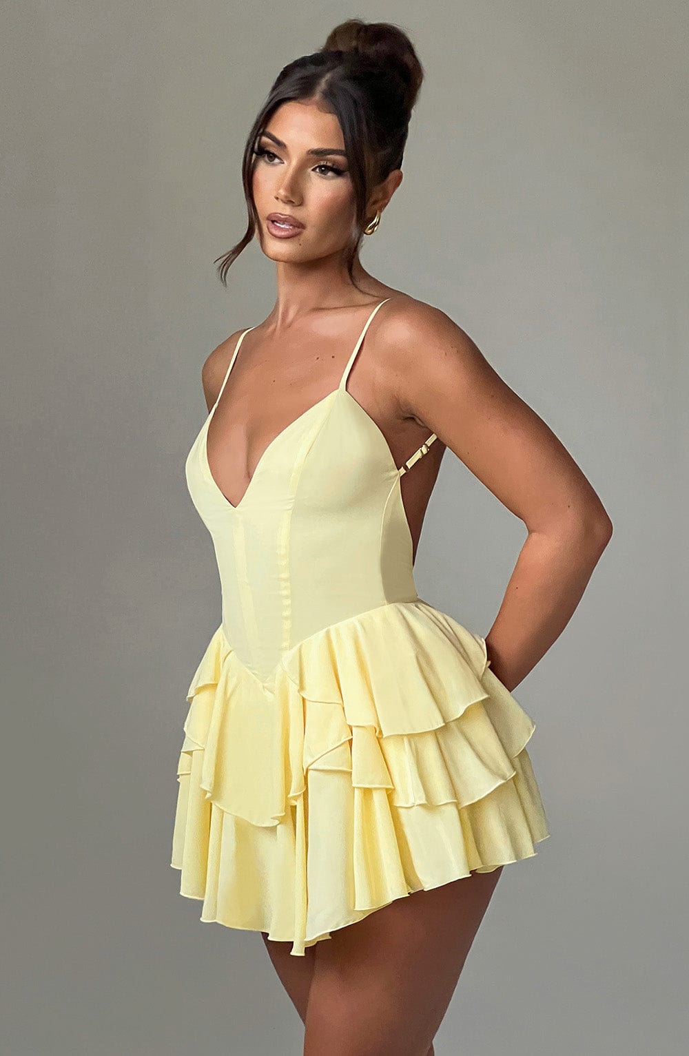 Lemon Chiffon Playsuit with Ruffle Skirt & Backless Design