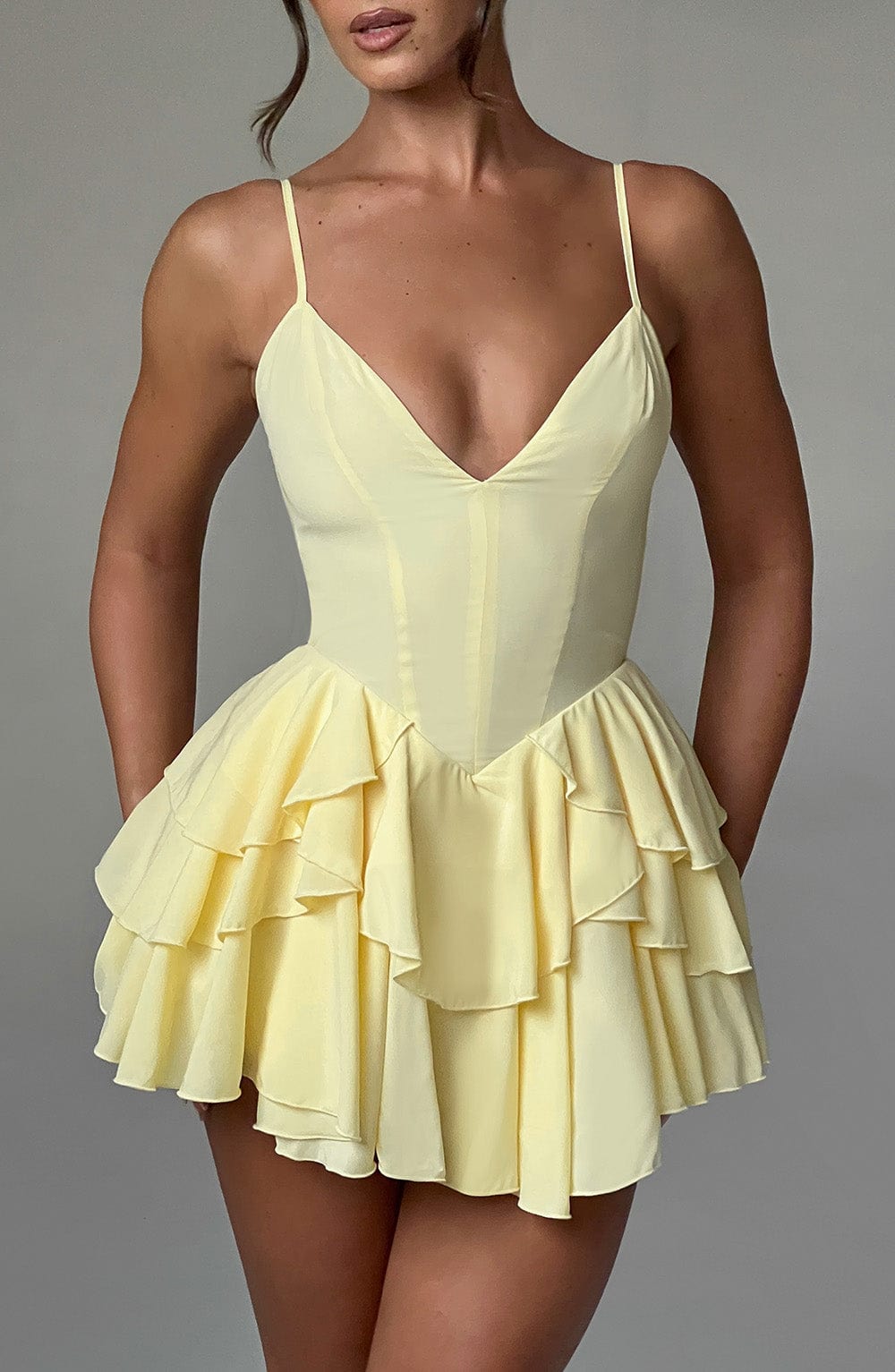 Lemon Chiffon Playsuit with Ruffle Skirt & Backless Design