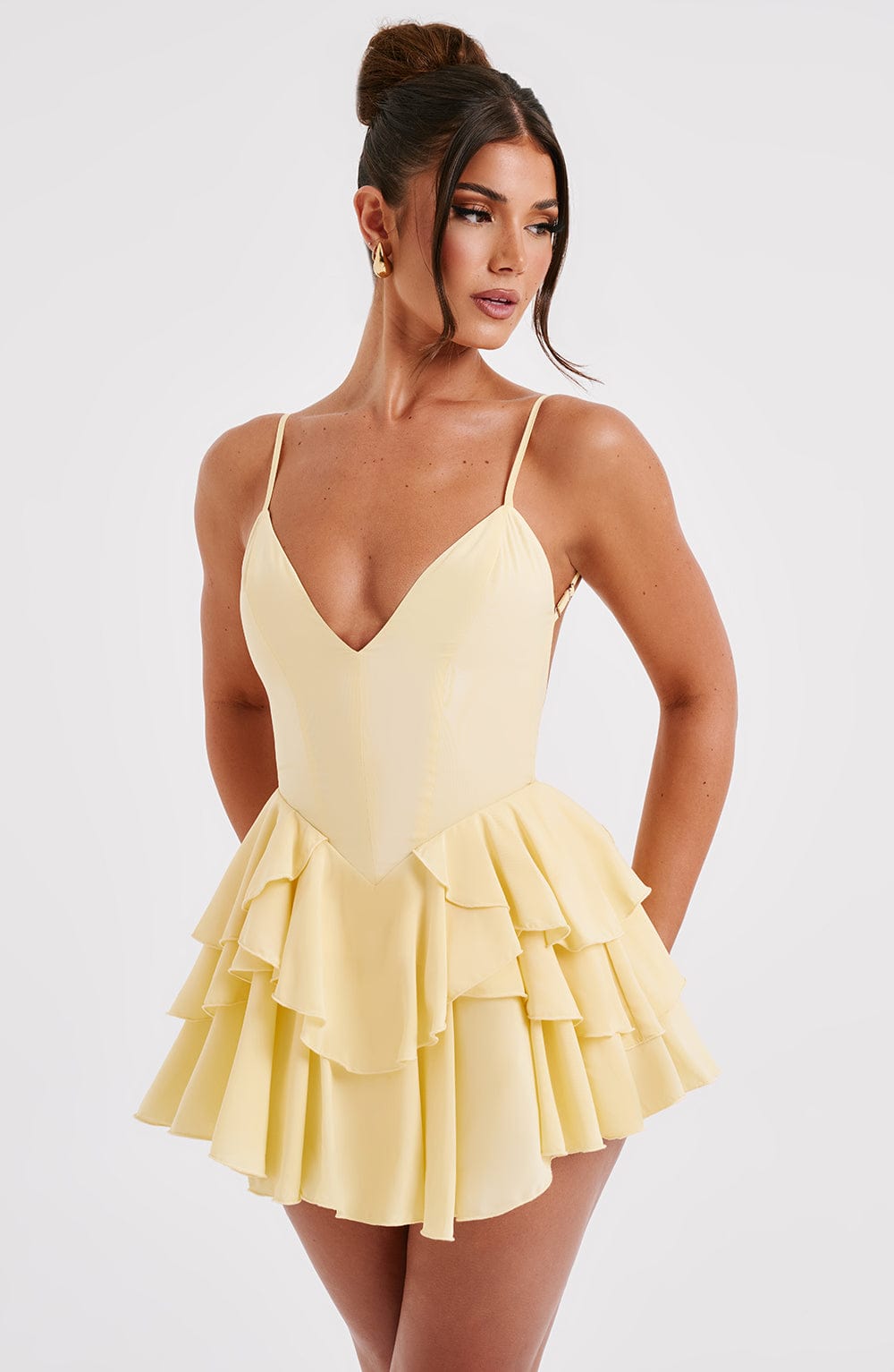 Lemon Chiffon Playsuit with Ruffle Skirt & Backless Design