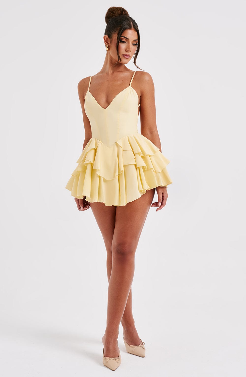 Lemon Chiffon Playsuit with Ruffle Skirt & Backless Design