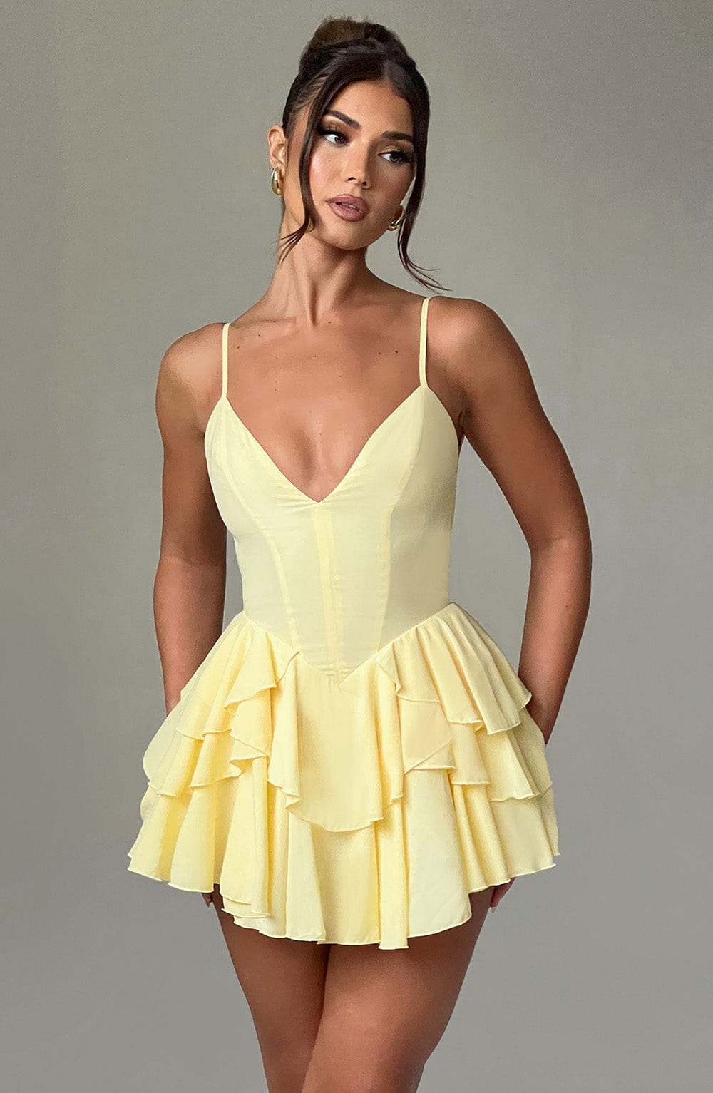 Lemon Chiffon Playsuit with Ruffle Skirt & Backless Design