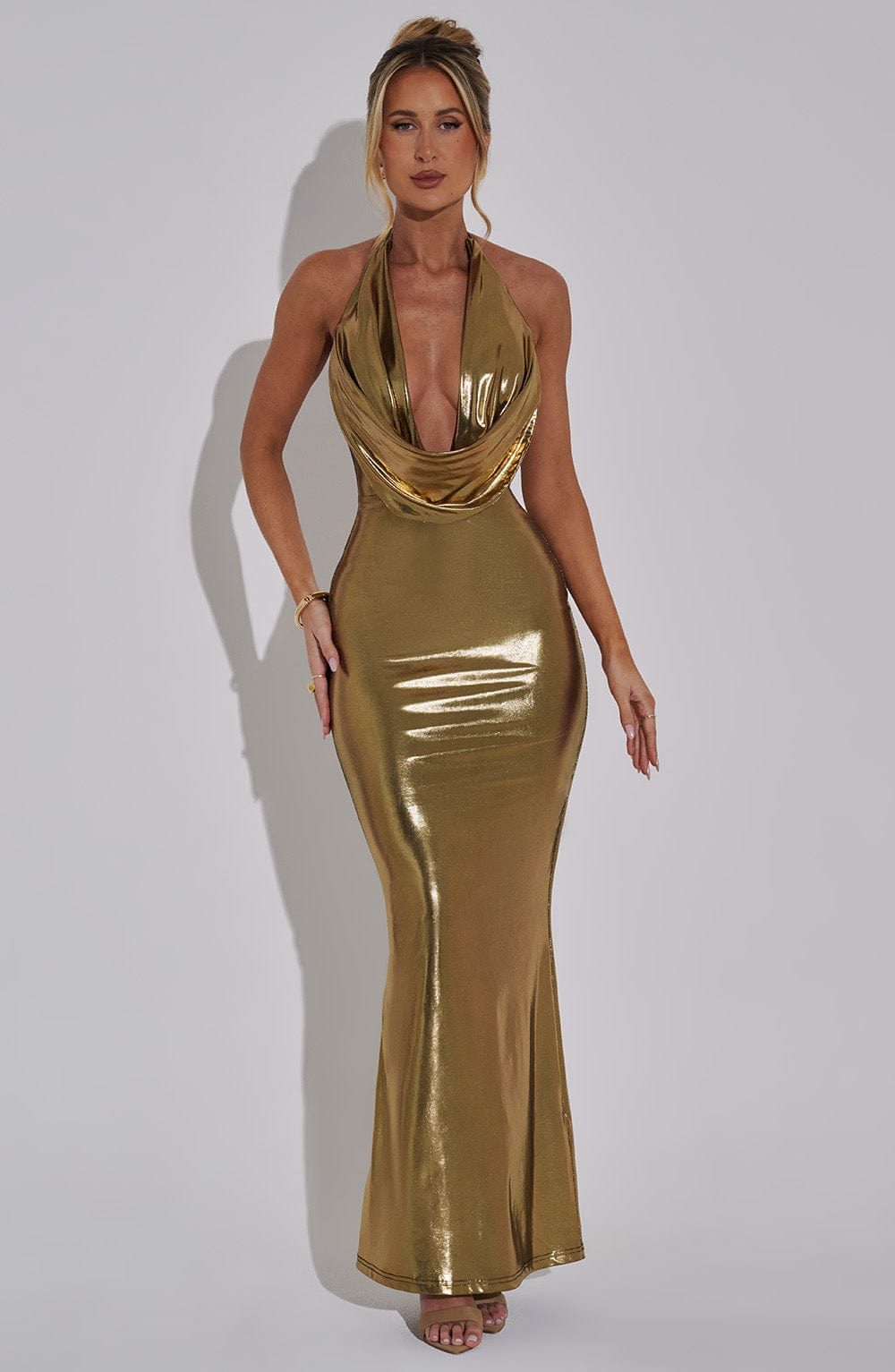 Gold Halter Neck Maxi Dress - Chrishelle Plunge Mesh Gown