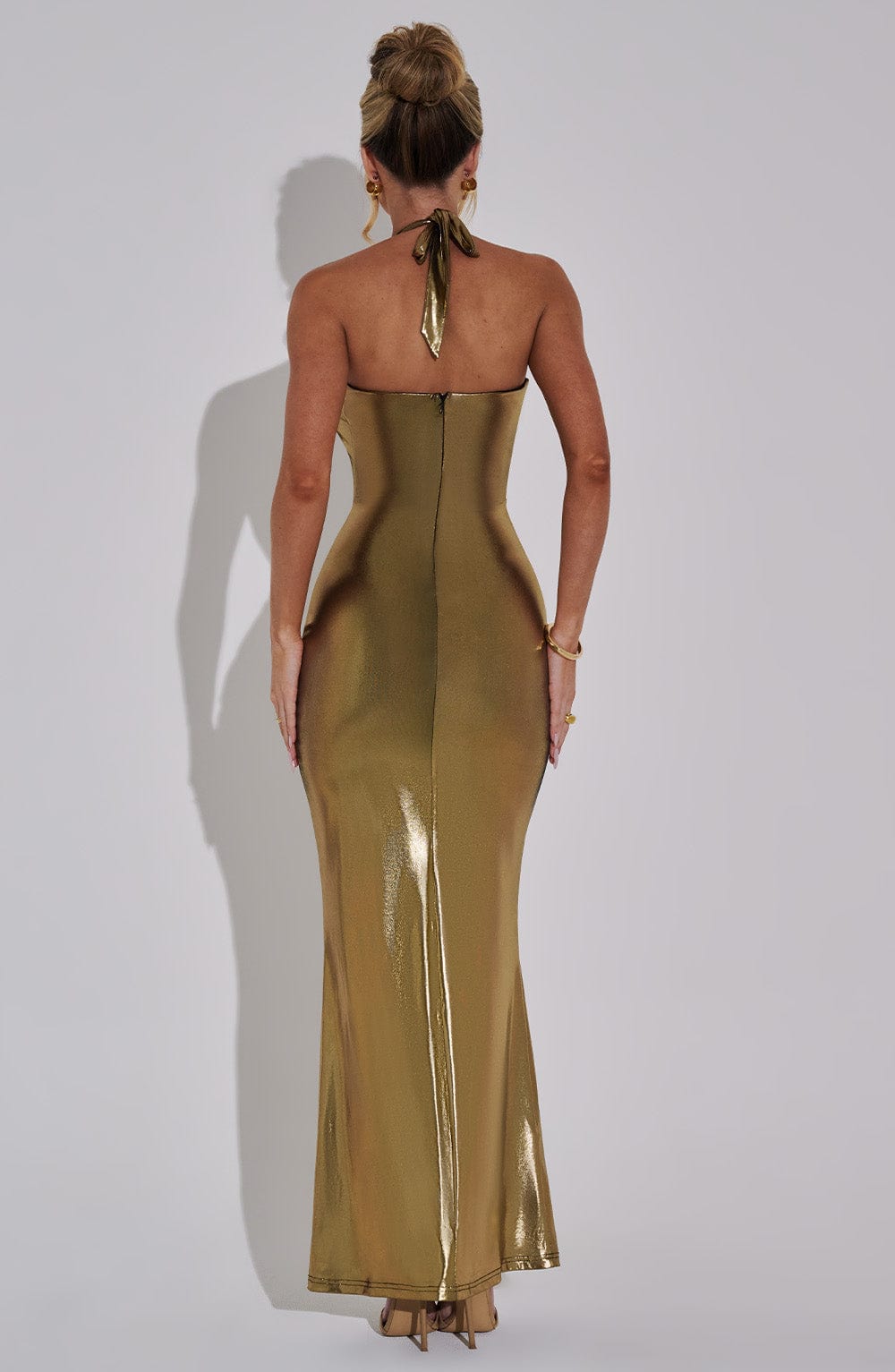 Gold Halter Neck Maxi Dress - Chrishelle Plunge Mesh Gown