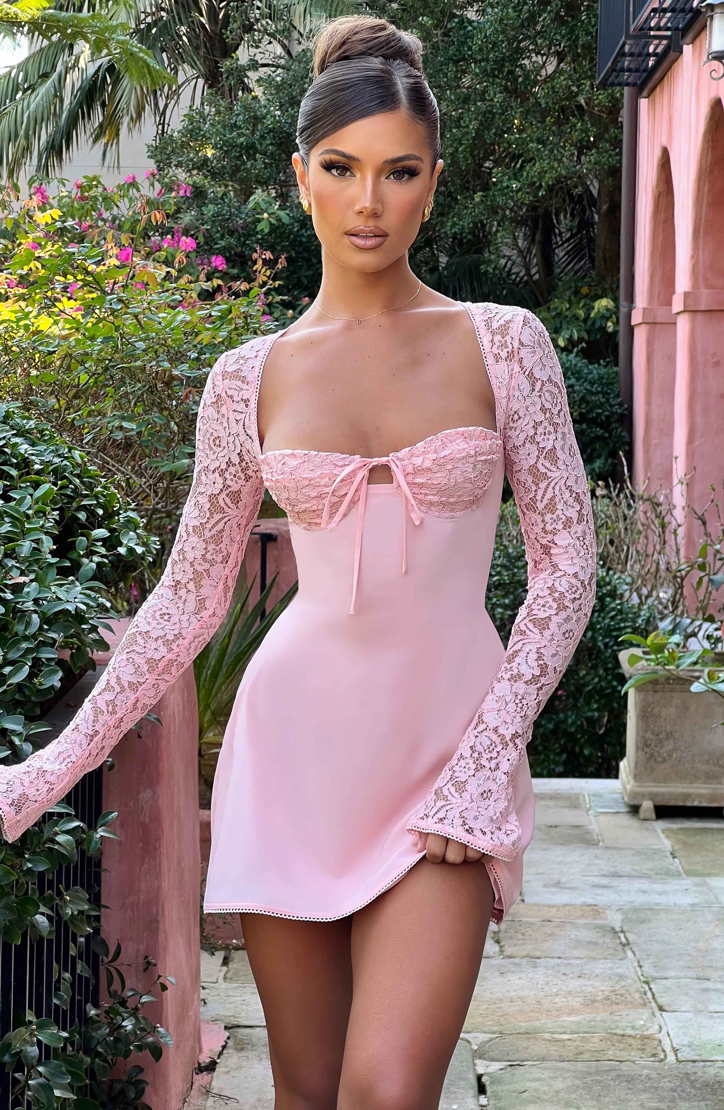 Blush Floral Lace Jacinta Mini Dress with Flared Sleeves