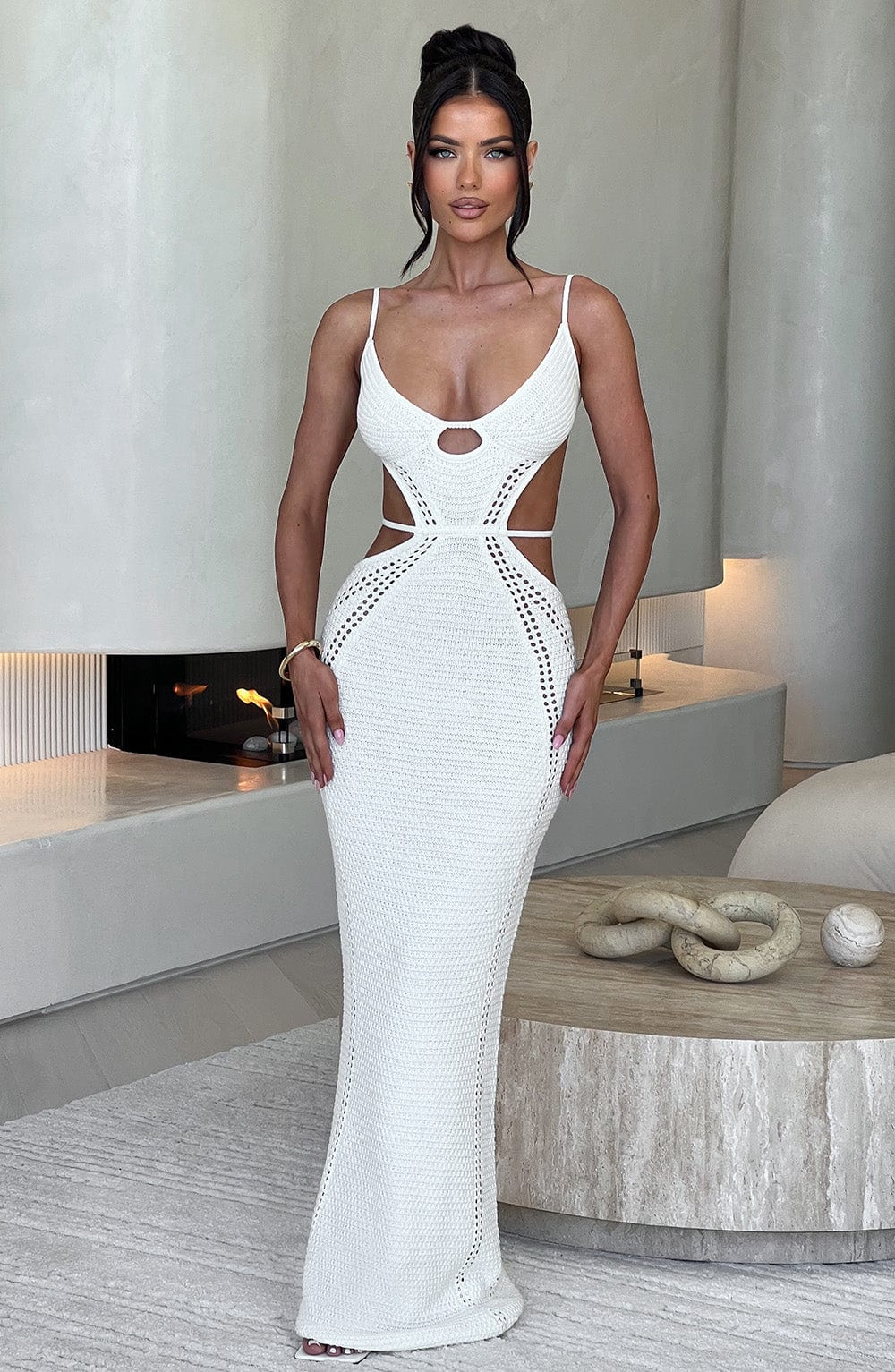 White Crochet Knit Maxi Dress with Sweetheart Neckline - Josefina