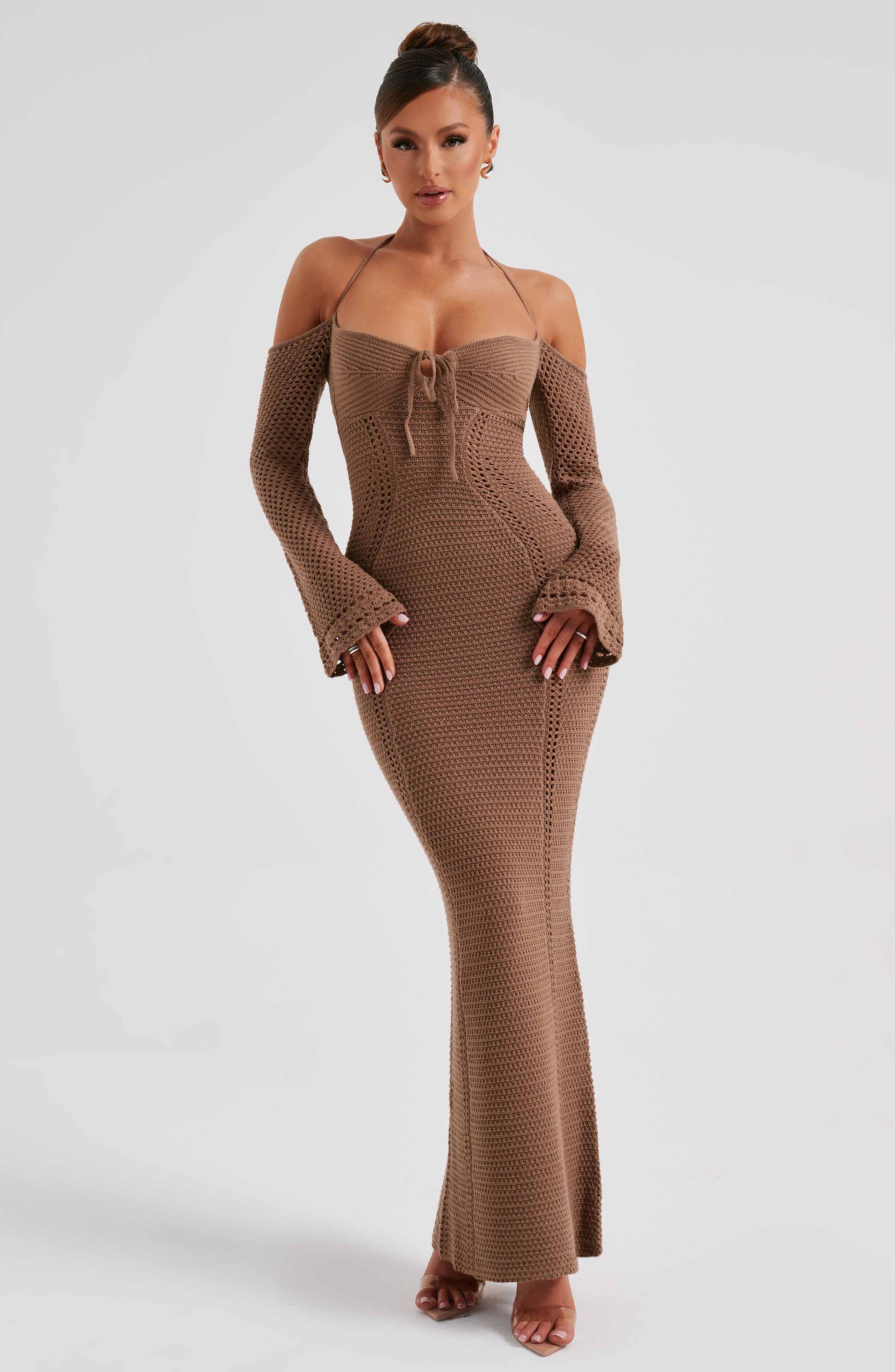 Samariah Off Shoulder Crochet Maxi Dress in Chocolate