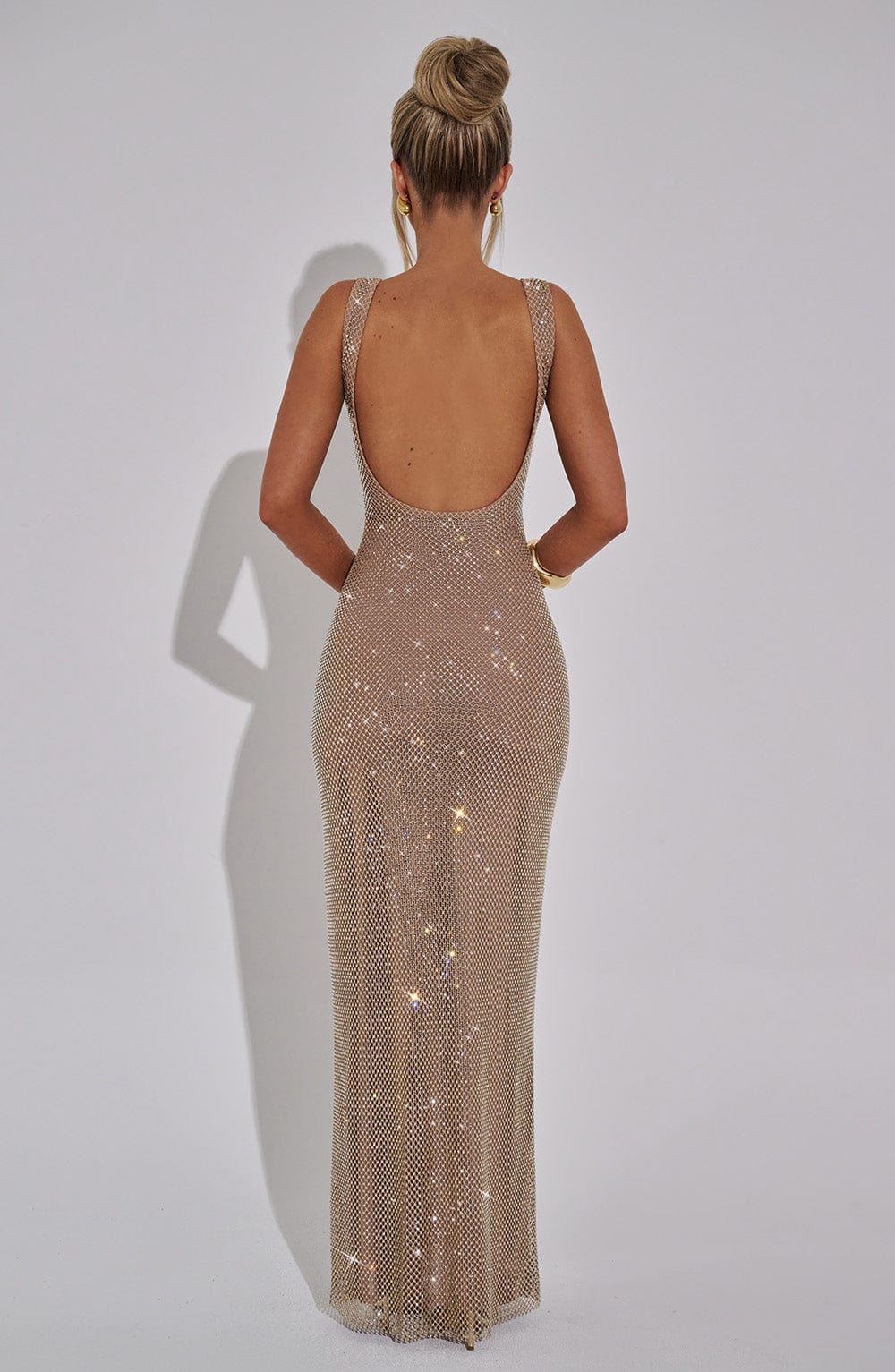 Gold Rhinestone Maxi Dress with Square Neckline & Low Back