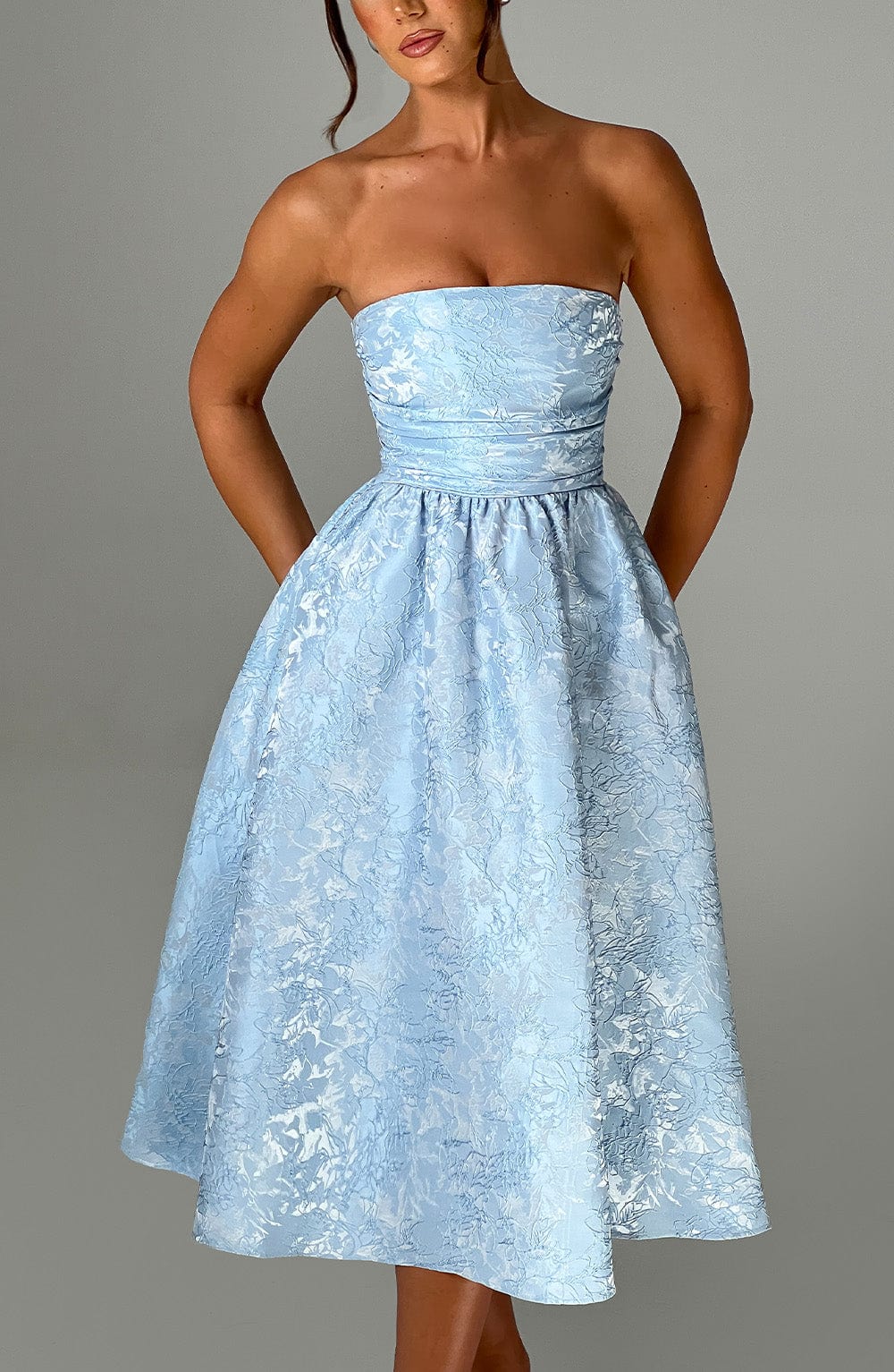 Blue Strapless Midi Dress with Lace-Up Back – Saoirse Floral Jacquard