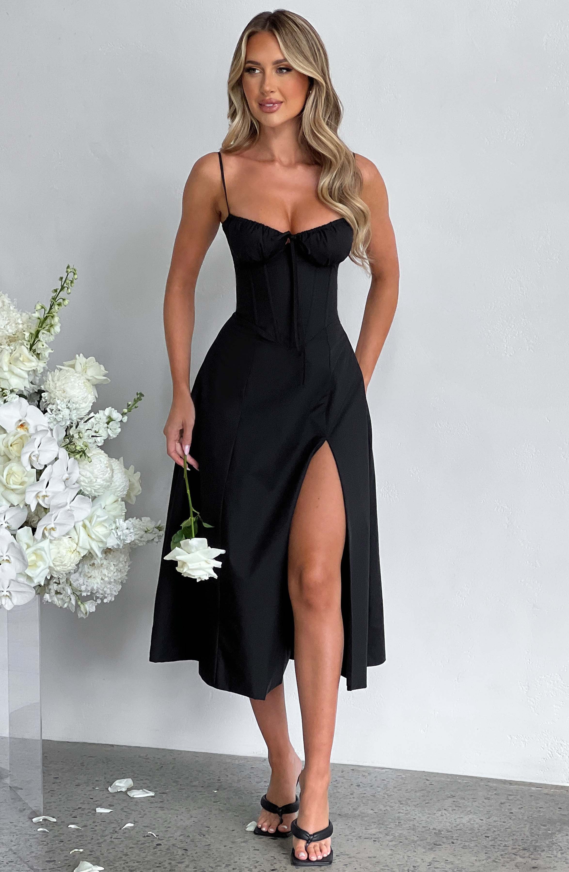 Black Corset Midi Dress with Thigh Split - Deanna