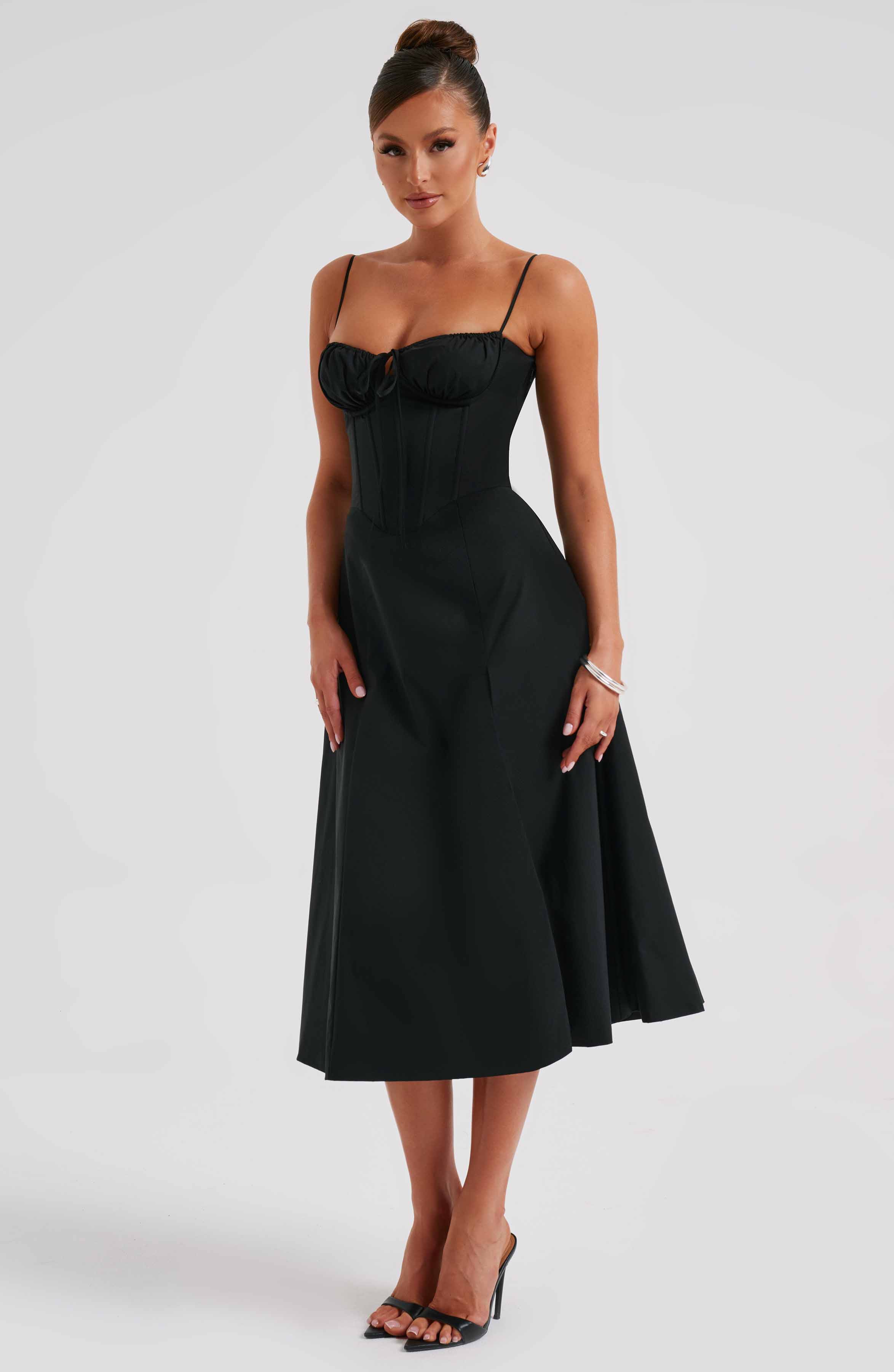 Black Corset Midi Dress with Thigh Split - Deanna