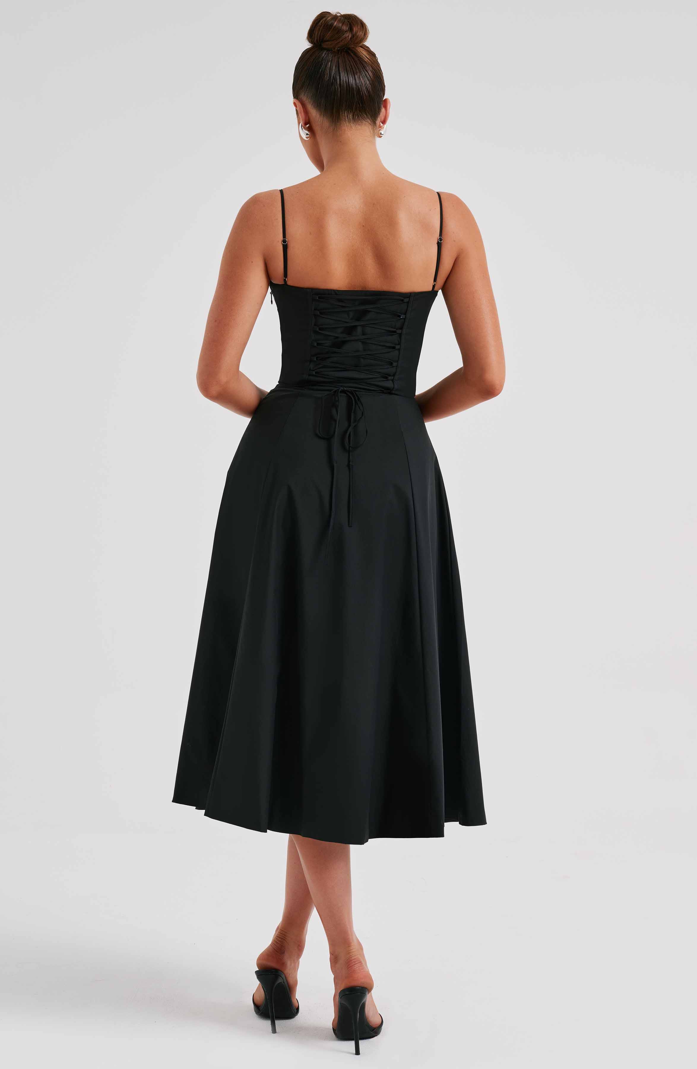 Black Corset Midi Dress with Thigh Split - Deanna
