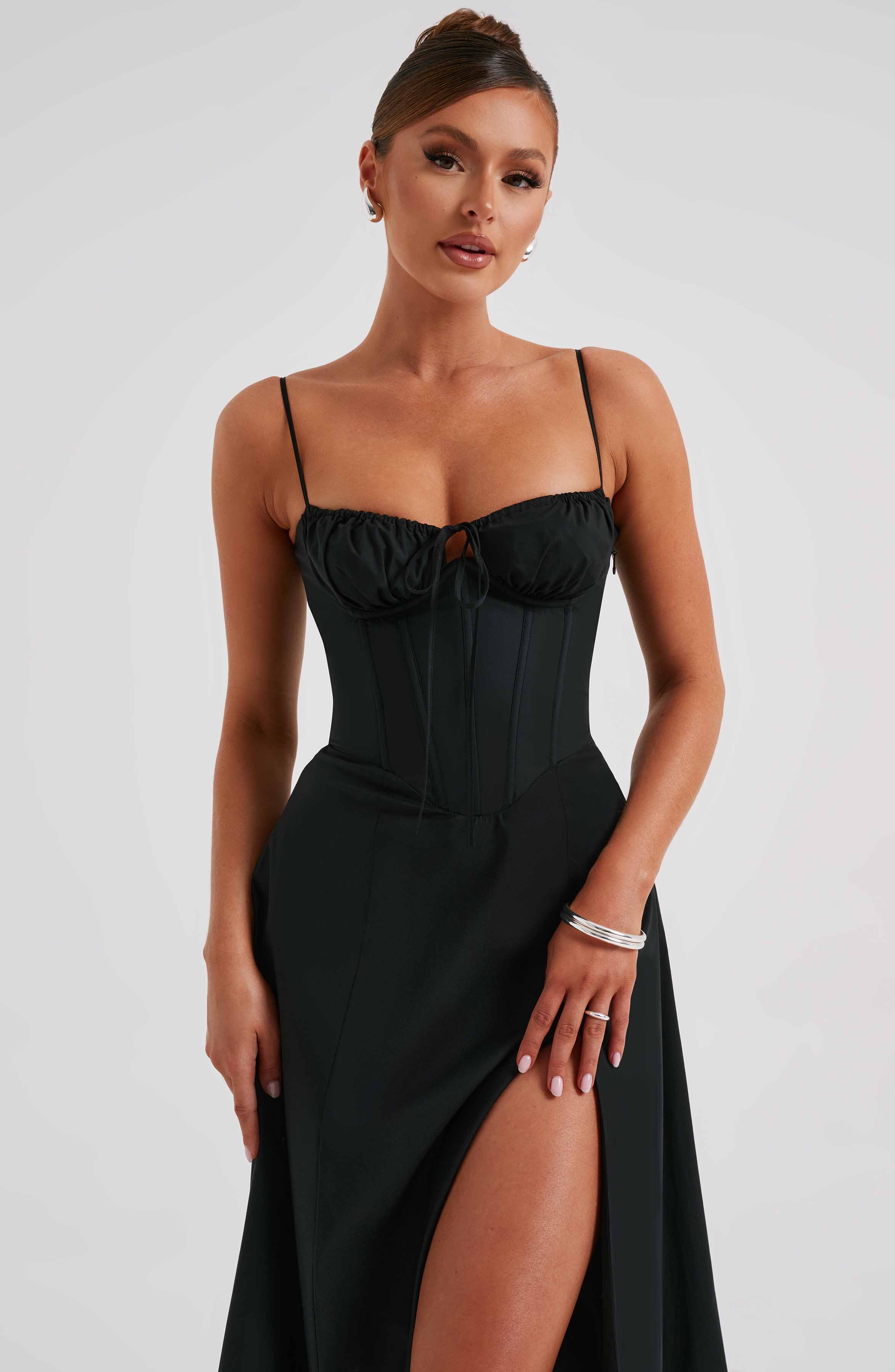 Black Corset Midi Dress with Thigh Split - Deanna