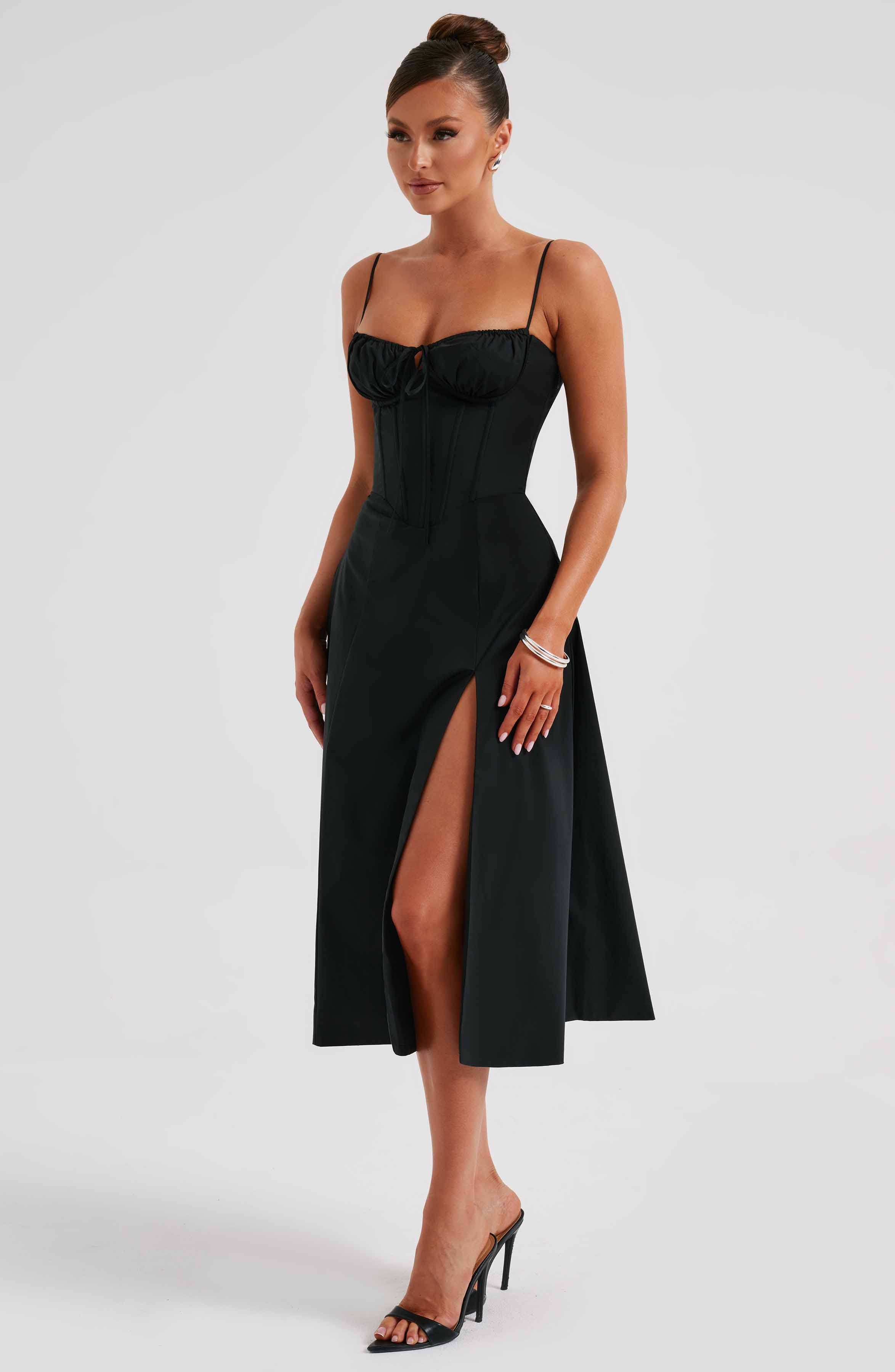 Black Corset Midi Dress with Thigh Split - Deanna