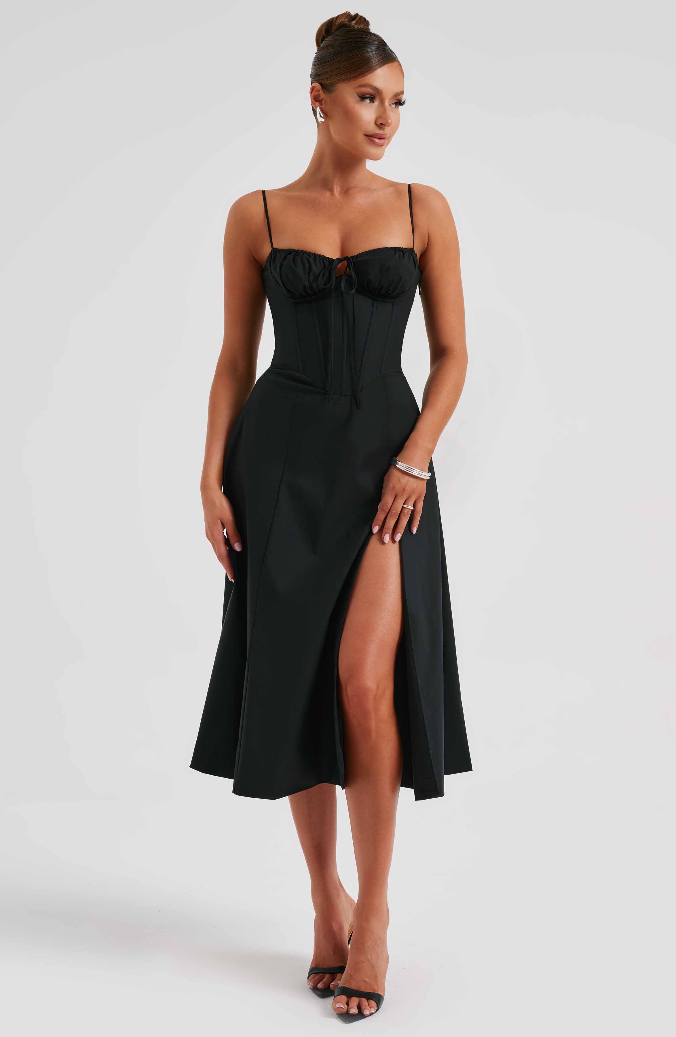 Black Corset Midi Dress with Thigh Split - Deanna