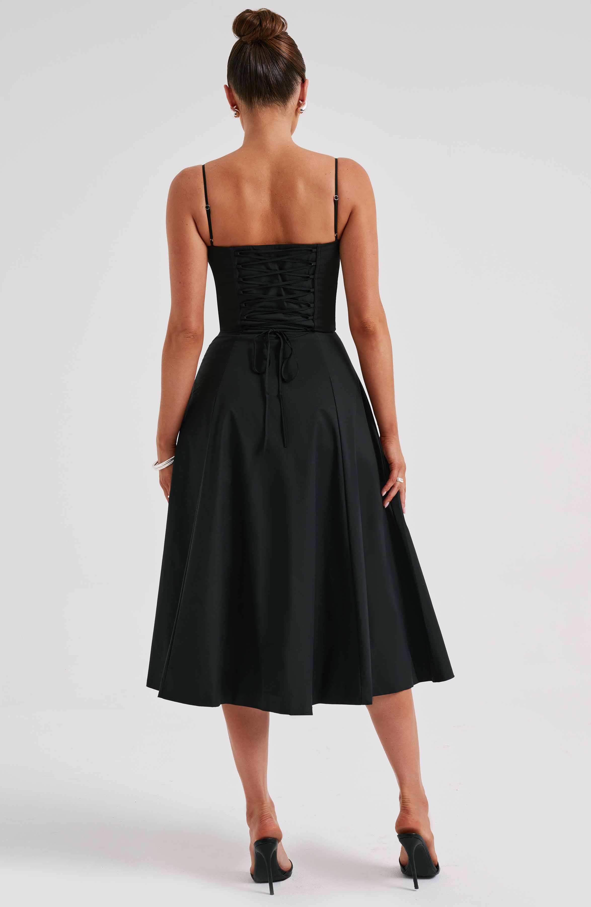 Black Corset Midi Dress with Thigh Split - Deanna