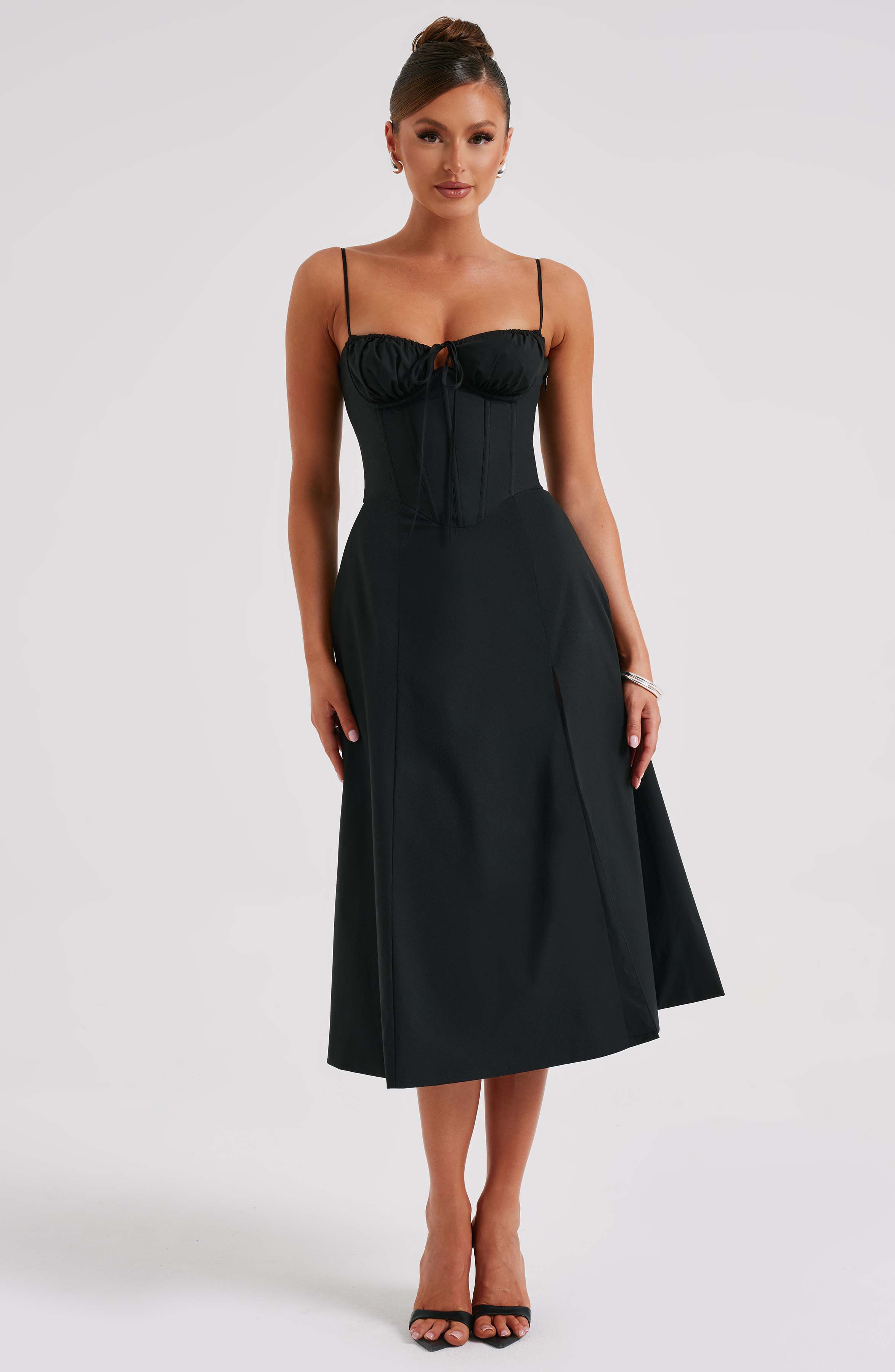 Black Corset Midi Dress with Thigh Split - Deanna
