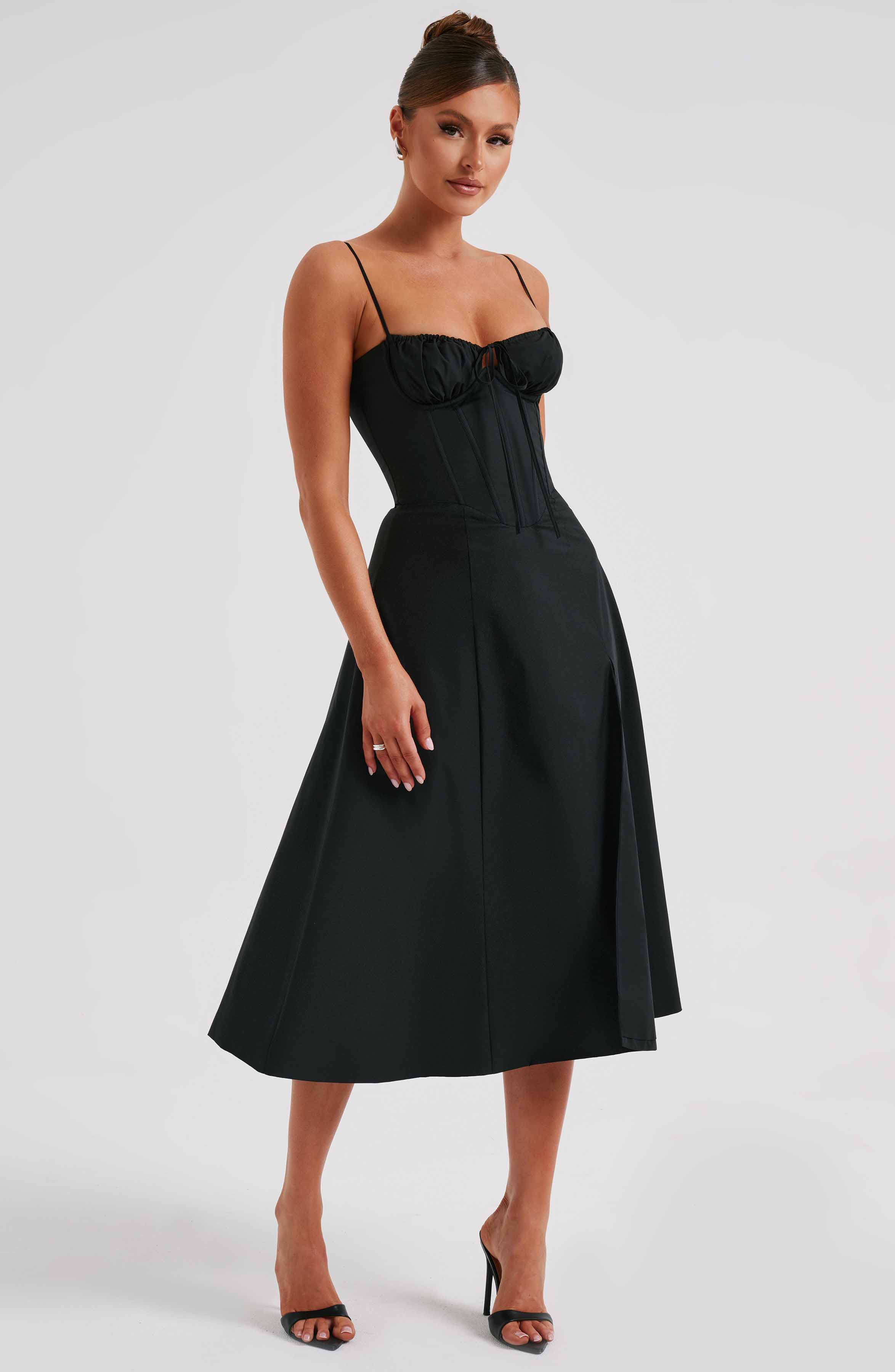 Black Corset Midi Dress with Thigh Split - Deanna