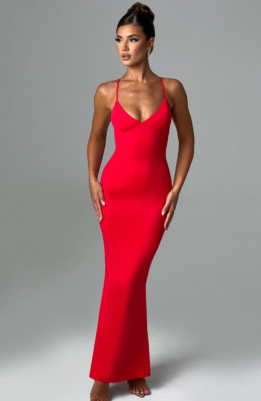 Red Zelda Maxi Dress with V-Back & Ruched Detail