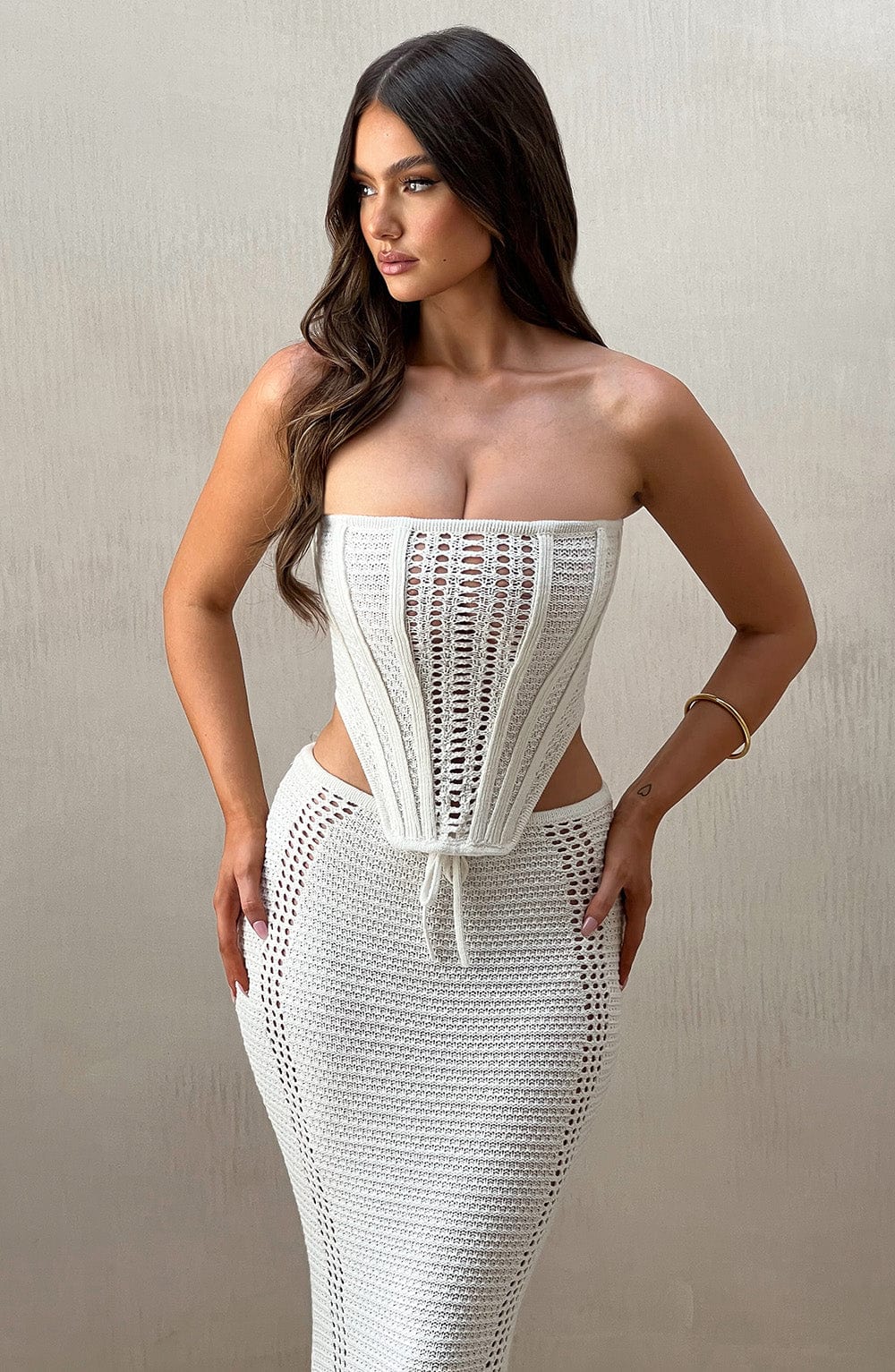 White Crochet Corset Top - Carly Strapless Boned Lace-Up Design