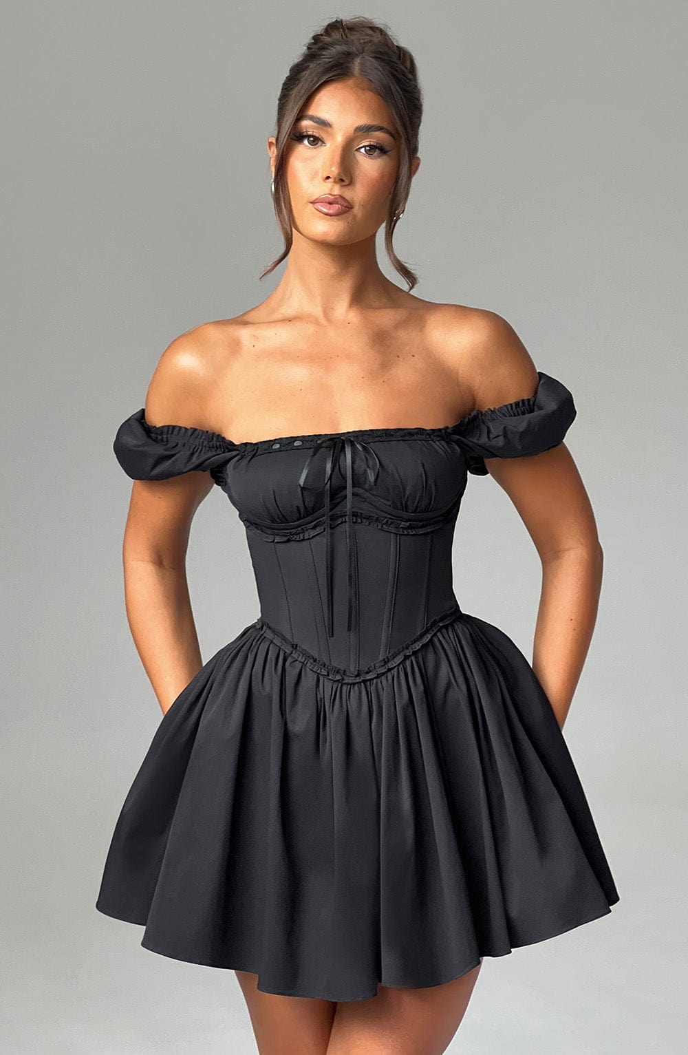 Penelope Black Puffed Sleeve Mini Dress with Snatched Waist
