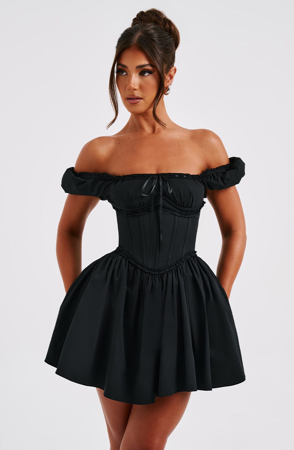 Penelope Black Puffed Sleeve Mini Dress with Snatched Waist