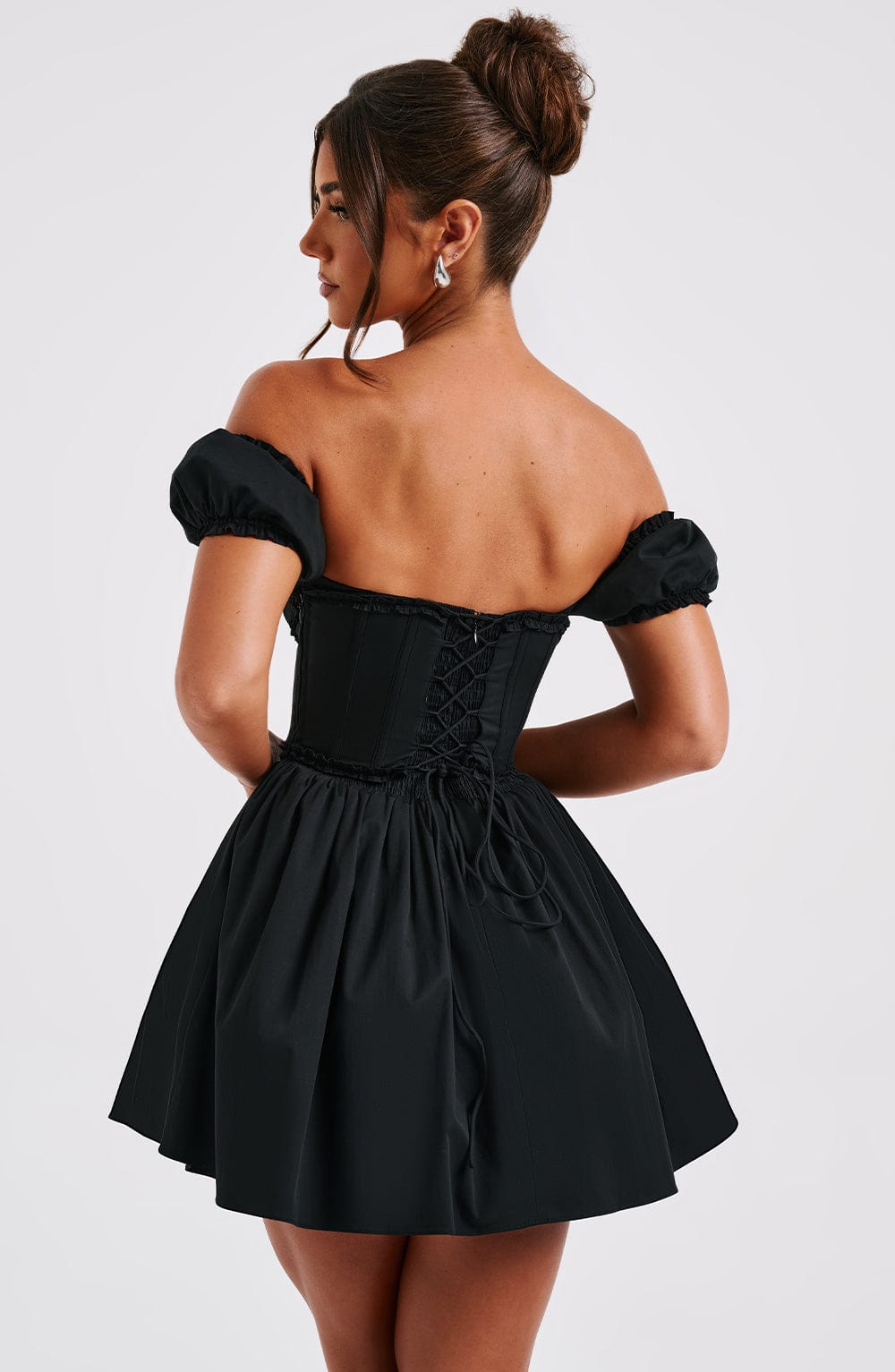 Penelope Black Puffed Sleeve Mini Dress with Snatched Waist