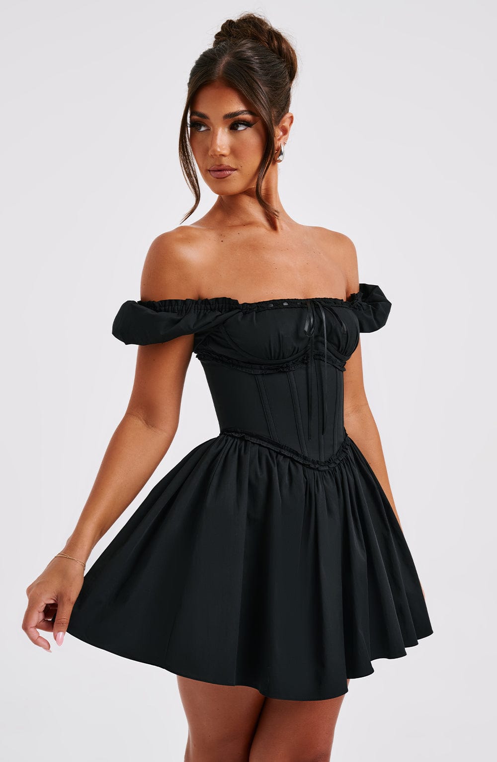 Penelope Black Puffed Sleeve Mini Dress with Snatched Waist
