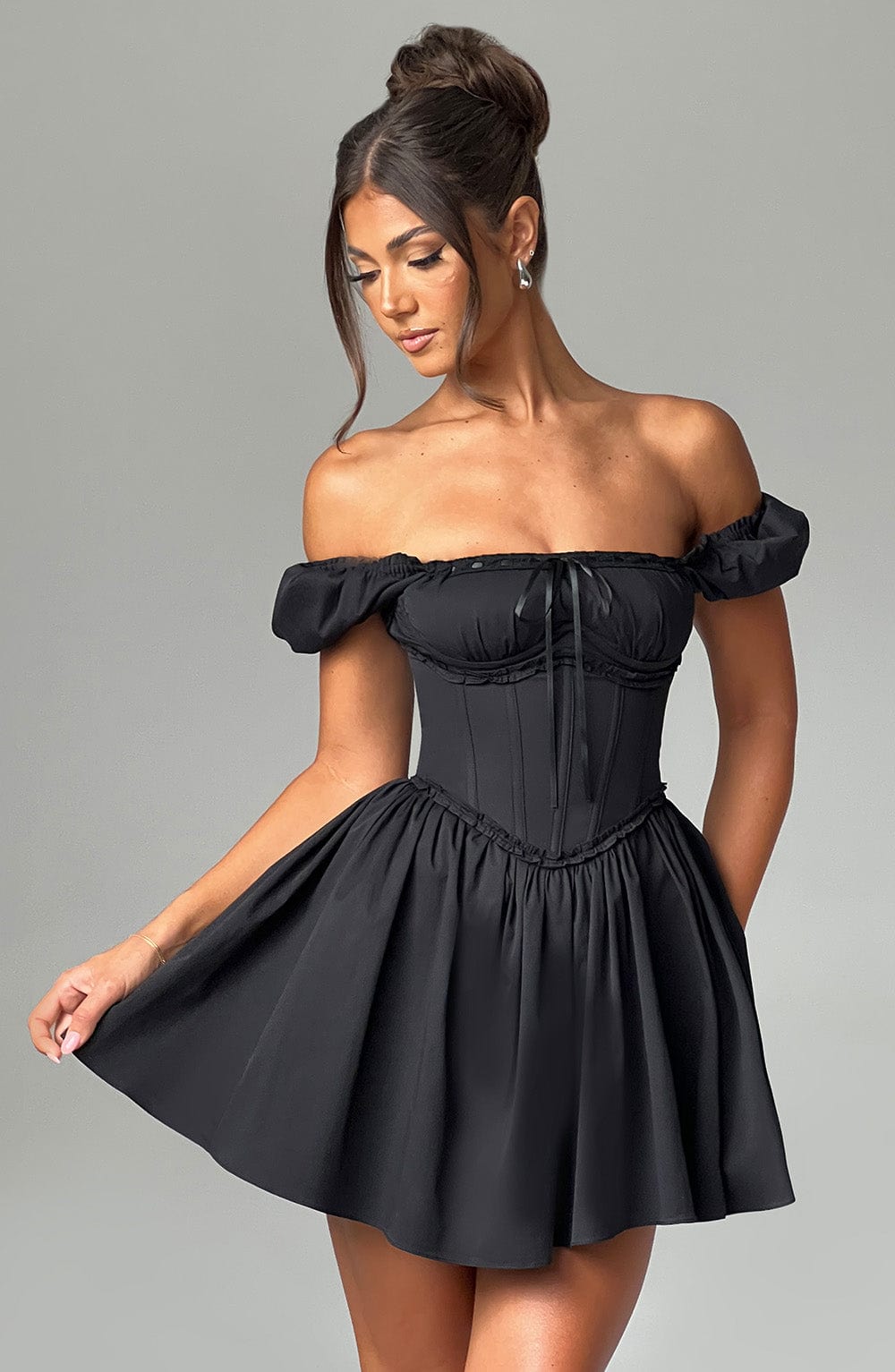 Penelope Black Puffed Sleeve Mini Dress with Snatched Waist