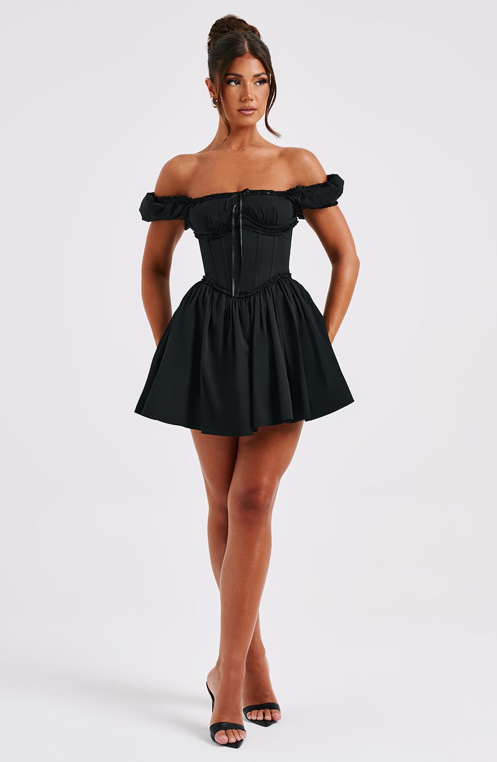 Penelope Black Puffed Sleeve Mini Dress with Snatched Waist