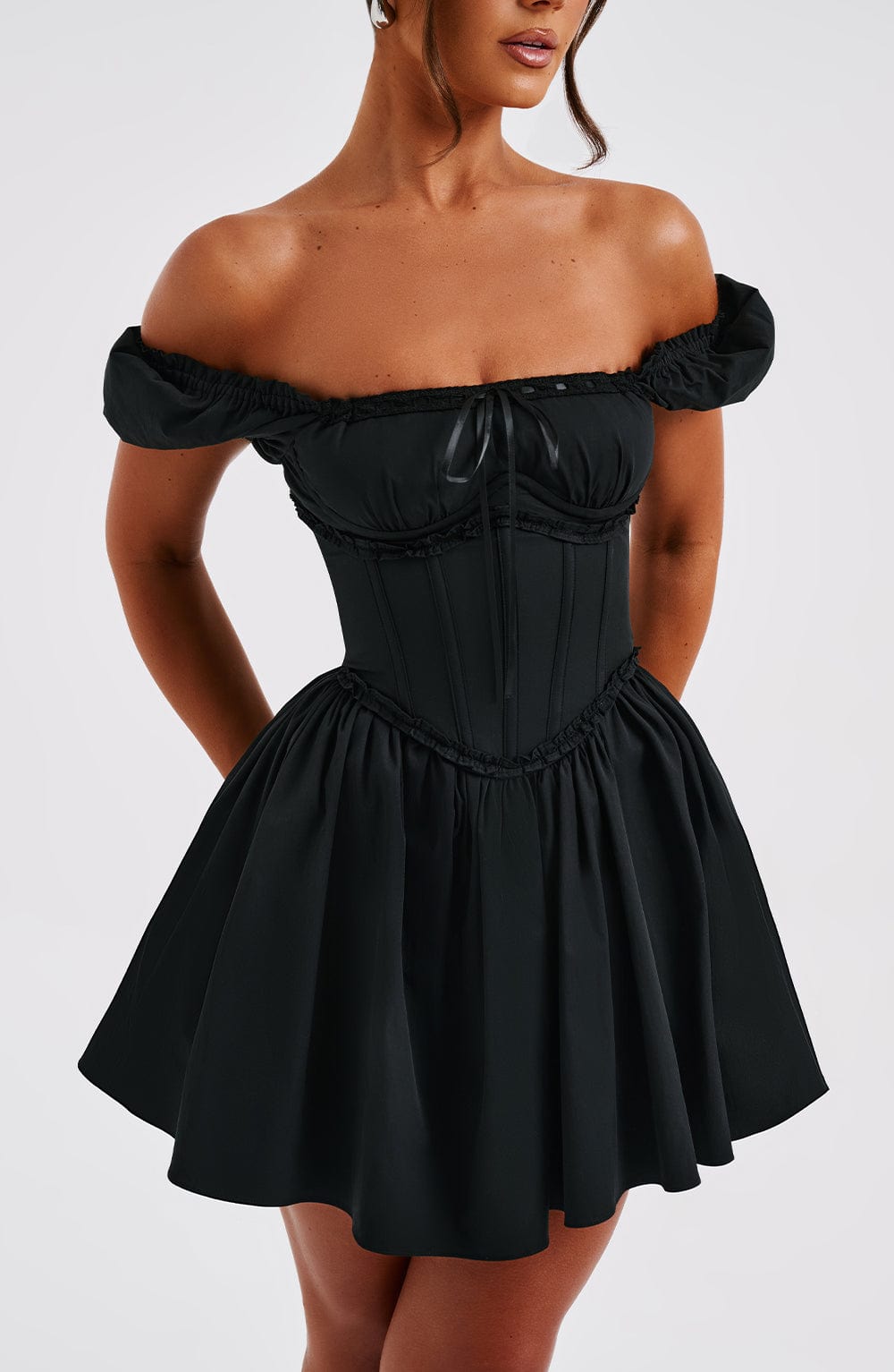 Penelope Black Puffed Sleeve Mini Dress with Snatched Waist