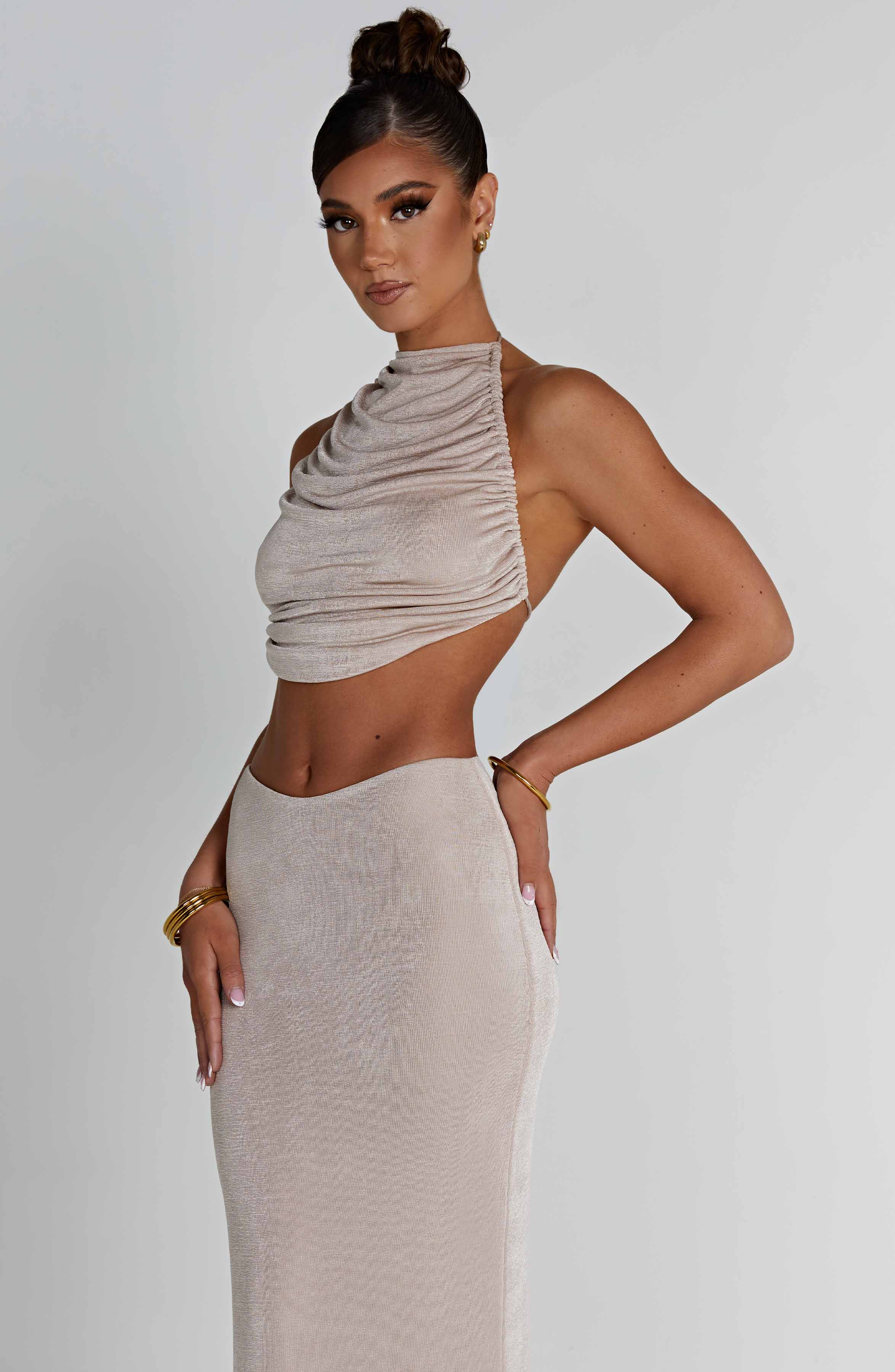 Fifi Backless Draped Top in Champagne - High Shine Jersey