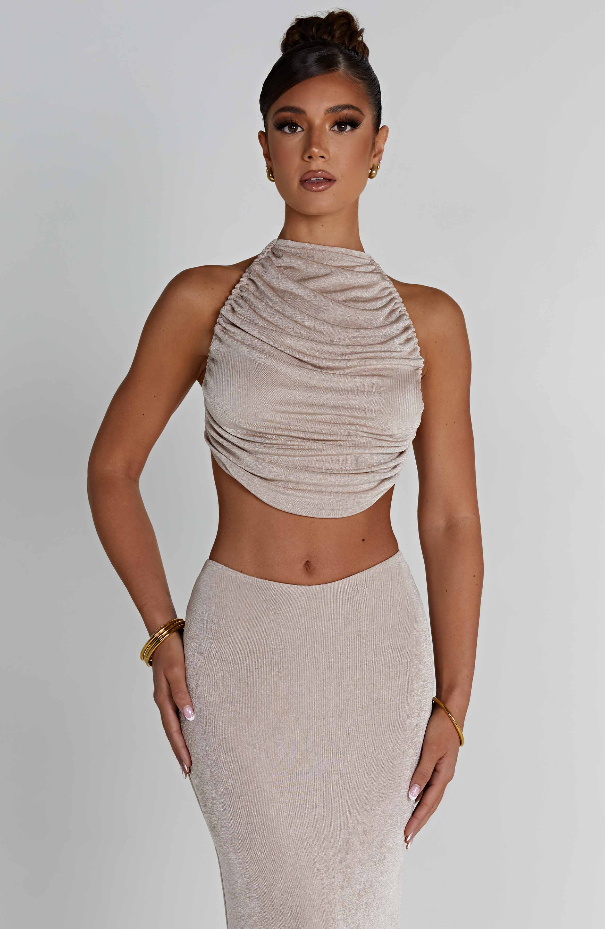 Fifi Backless Draped Top in Champagne - High Shine Jersey