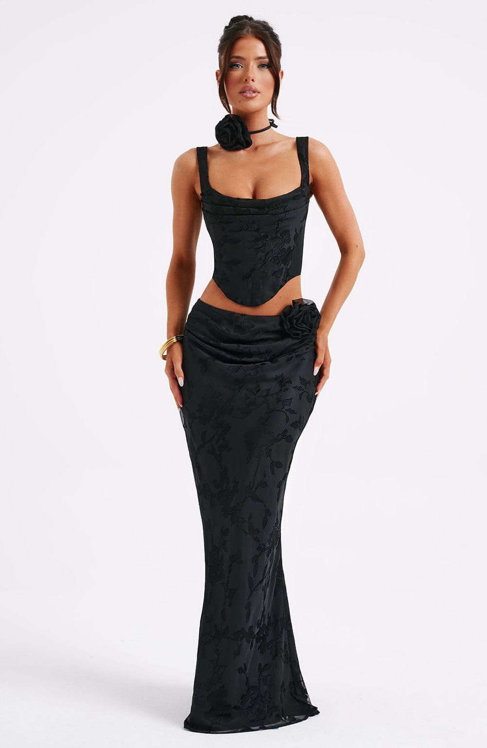 Black Floral Chiffon Maxi Skirt - Elizabeth Lower Waist Design