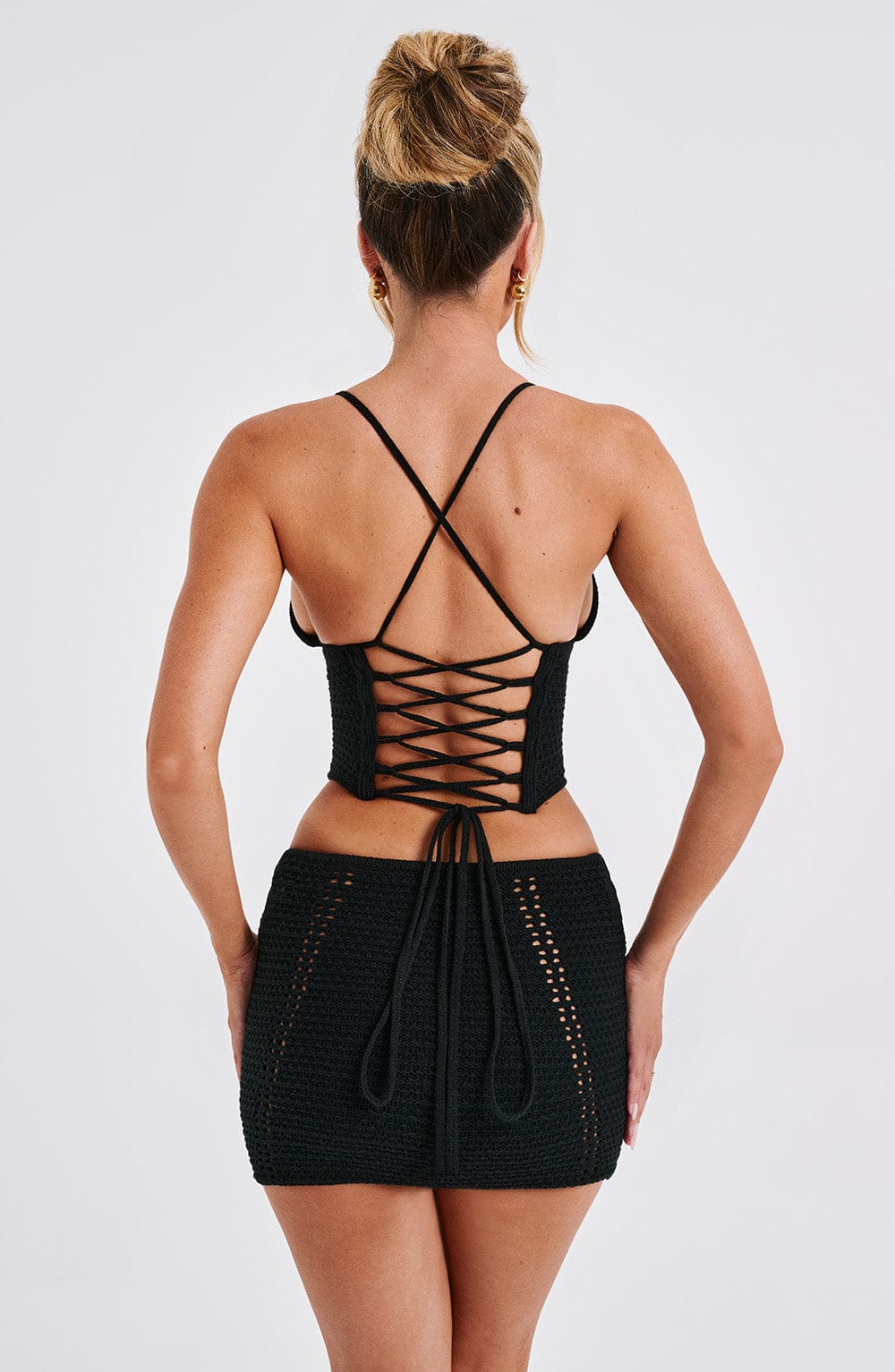 Selma Black Crochet Knit Mini Skirt with Eyelet Detail