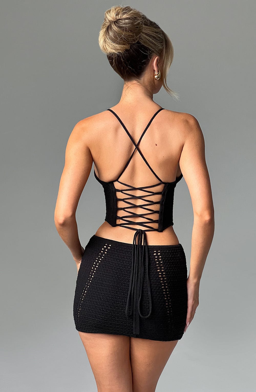 Selma Black Crochet Knit Mini Skirt with Eyelet Detail