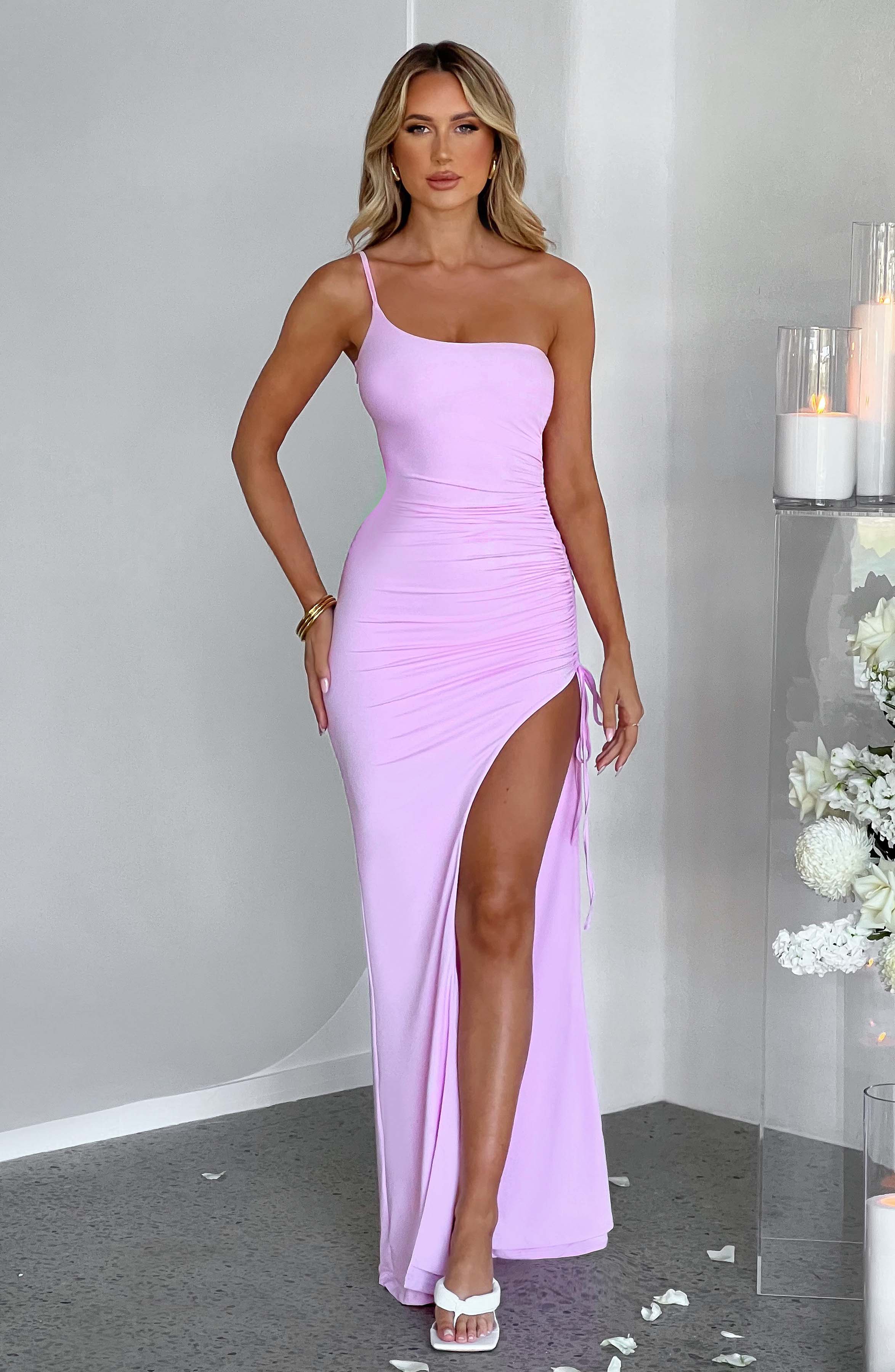 Zuri One Shoulder Pink Maxi Dress with Thigh Split