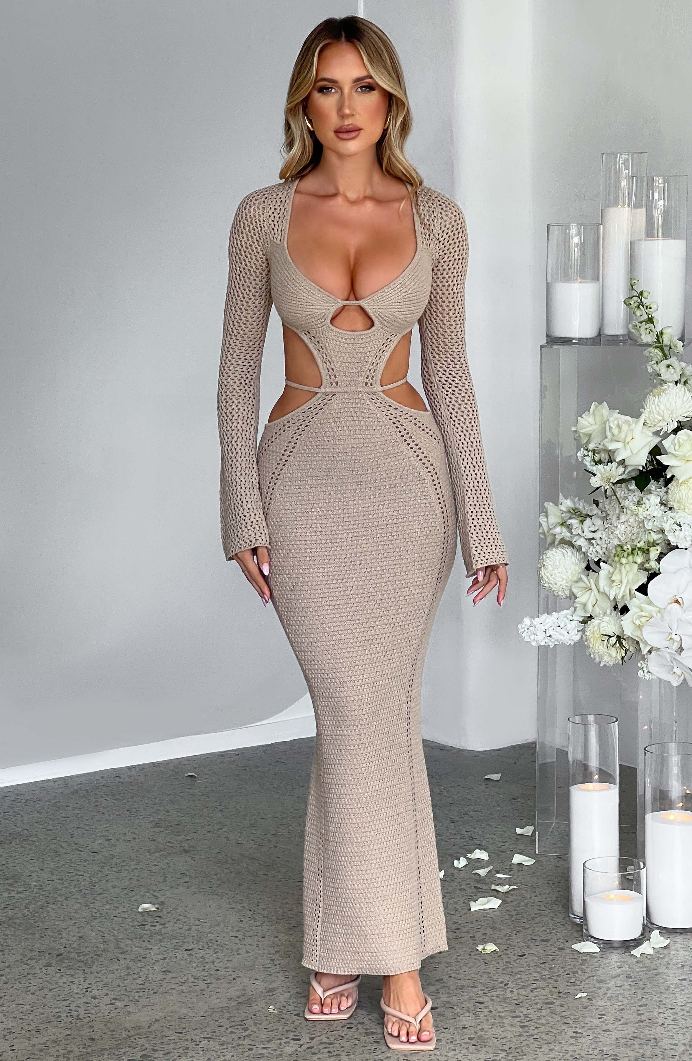 Beige Nadine Crochet Maxi Dress with Plunge Neck & Low Back
