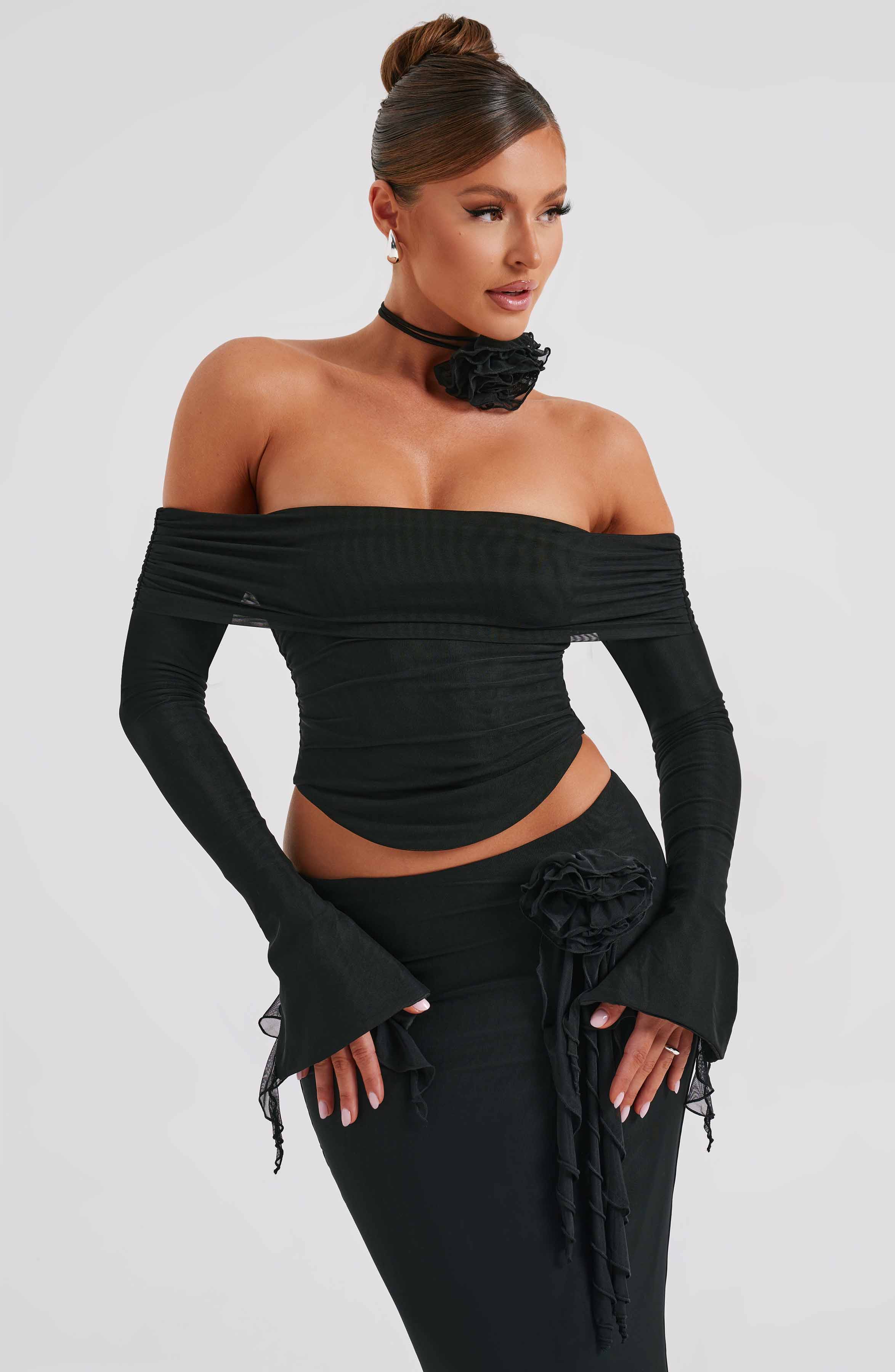 Black Off Shoulder Mesh Top - Deema Long Sleeve Cropped Blouse