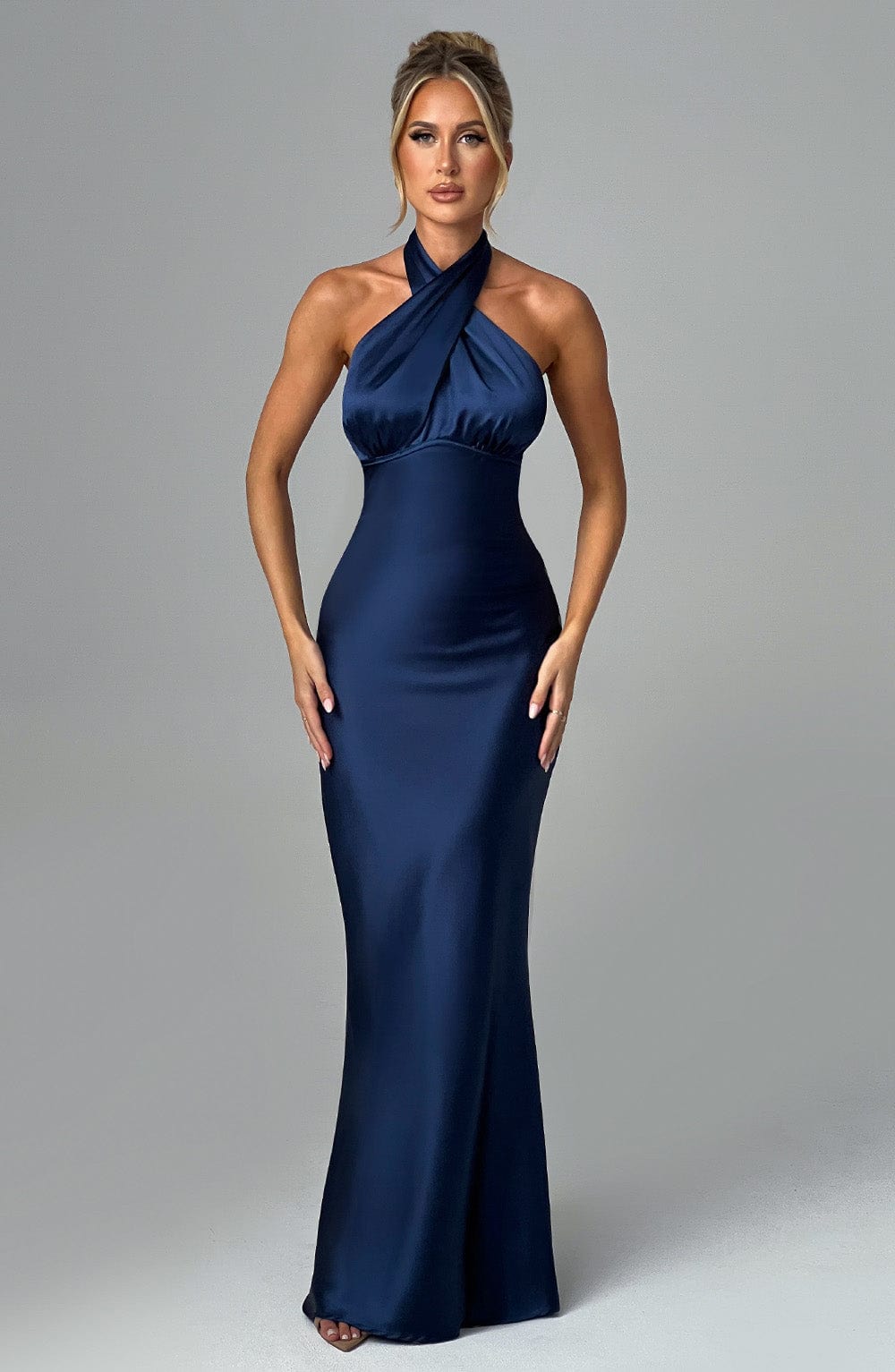 Dimitra Satin Maxi Dress with Low Back & Tie Detail - Navy