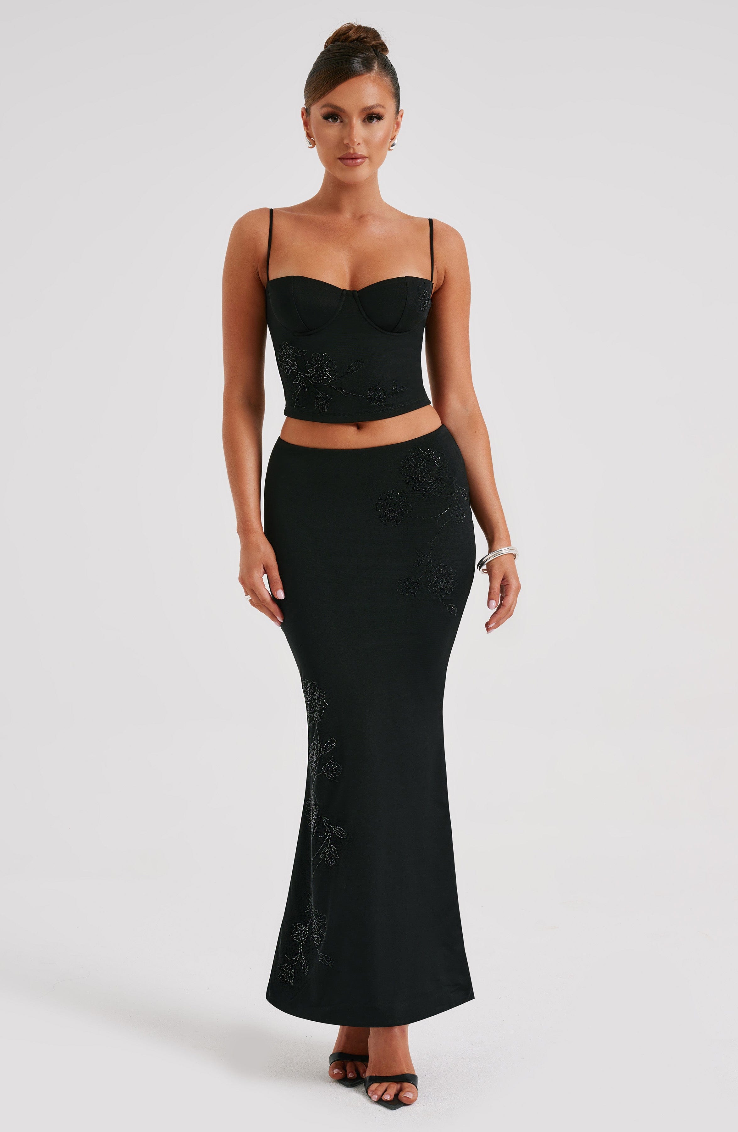 Izi Black Corset Top with Rhinestone Flower Detail
