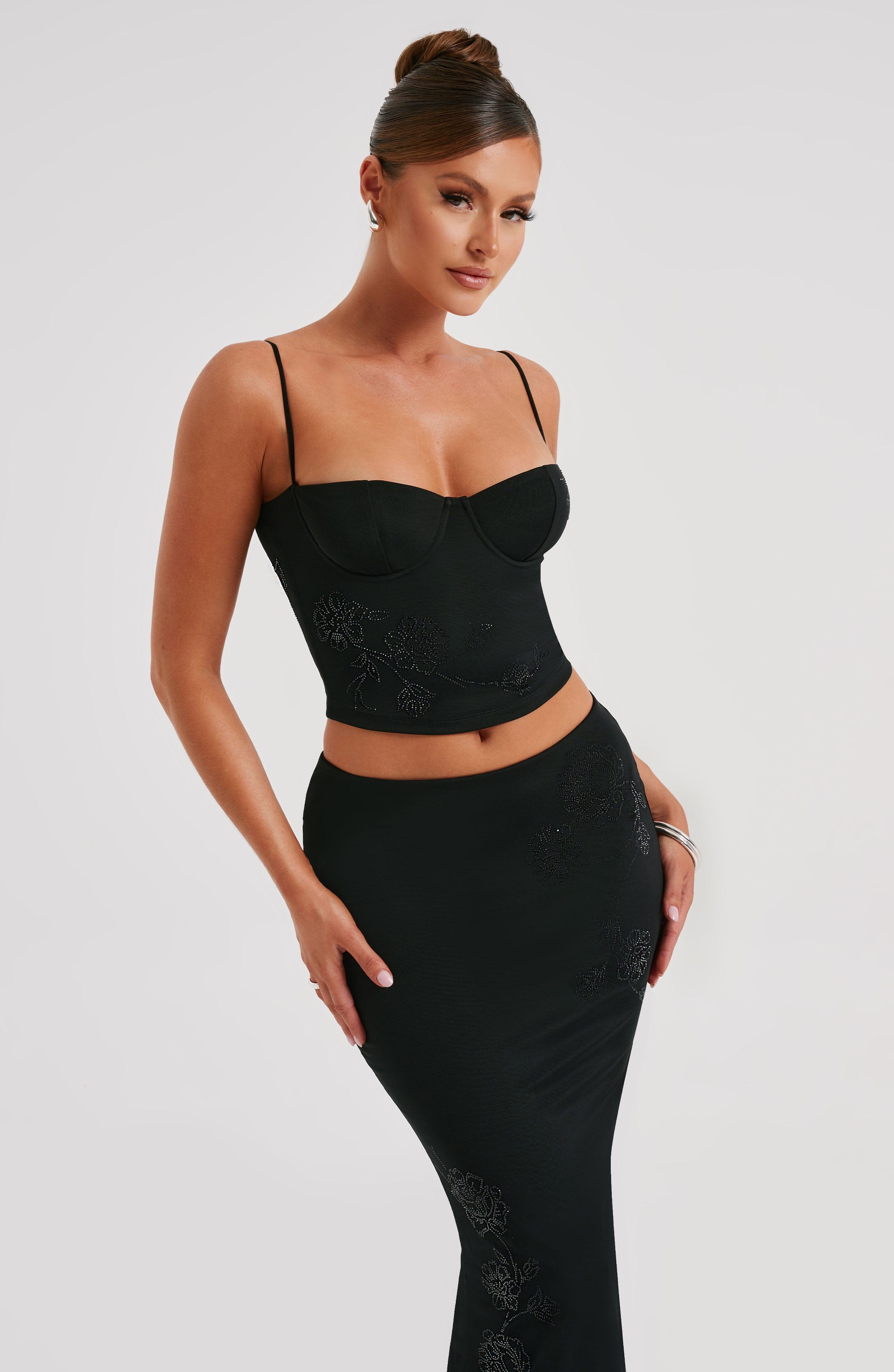 Izi Black Corset Top with Rhinestone Flower Detail
