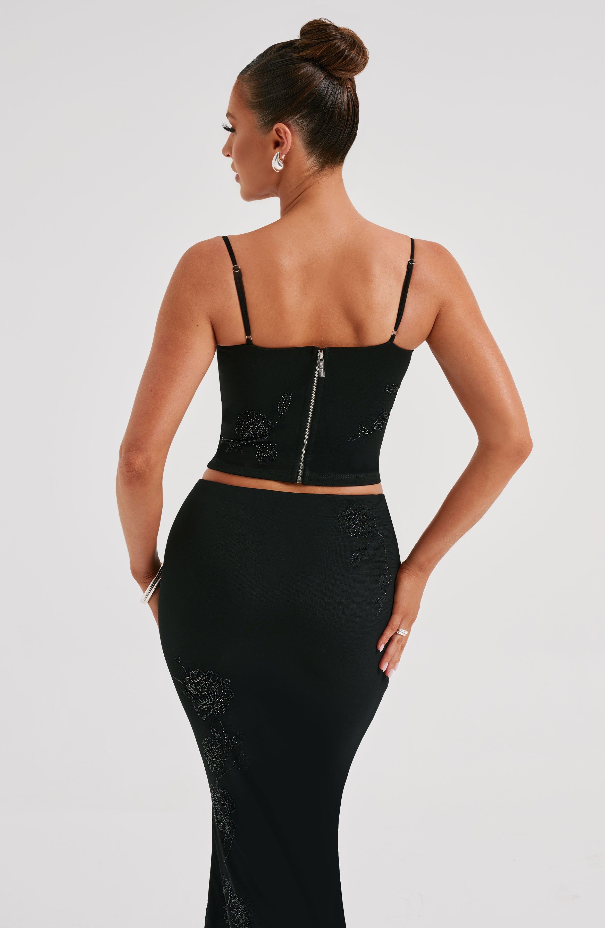 Izi Black Corset Top with Rhinestone Flower Detail