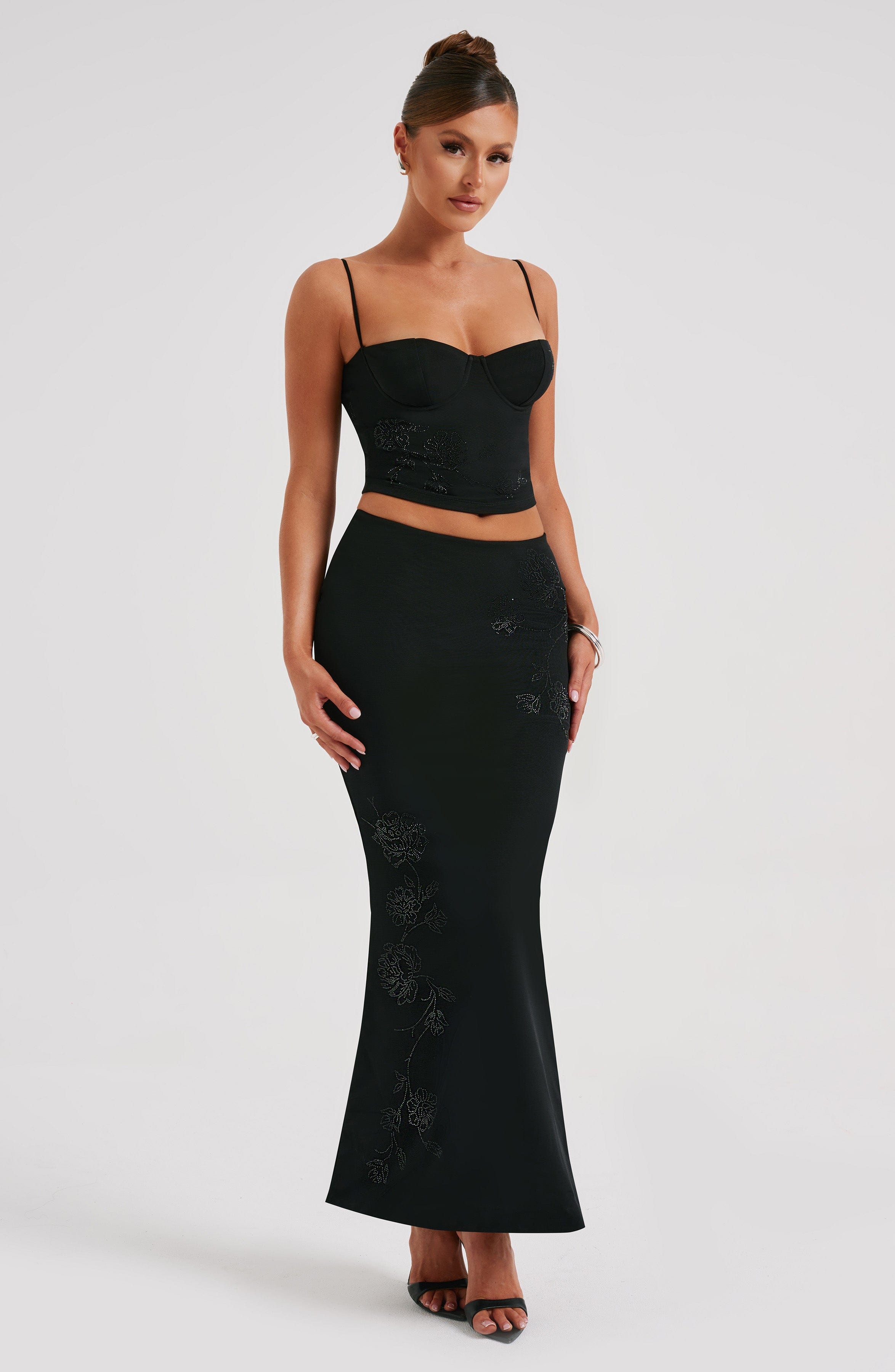 Izi Black Corset Top with Rhinestone Flower Detail