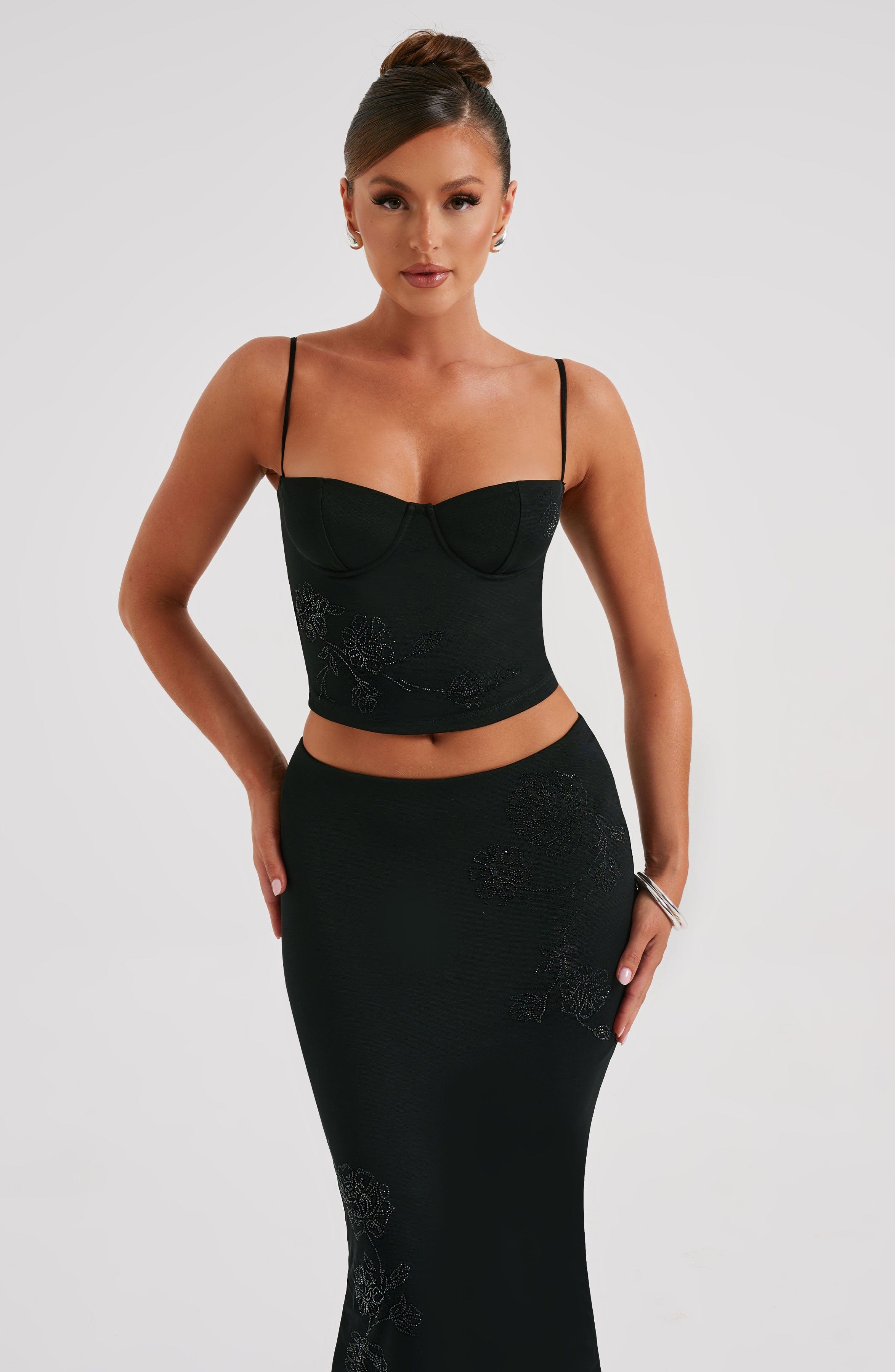 Izi Black Corset Top with Rhinestone Flower Detail